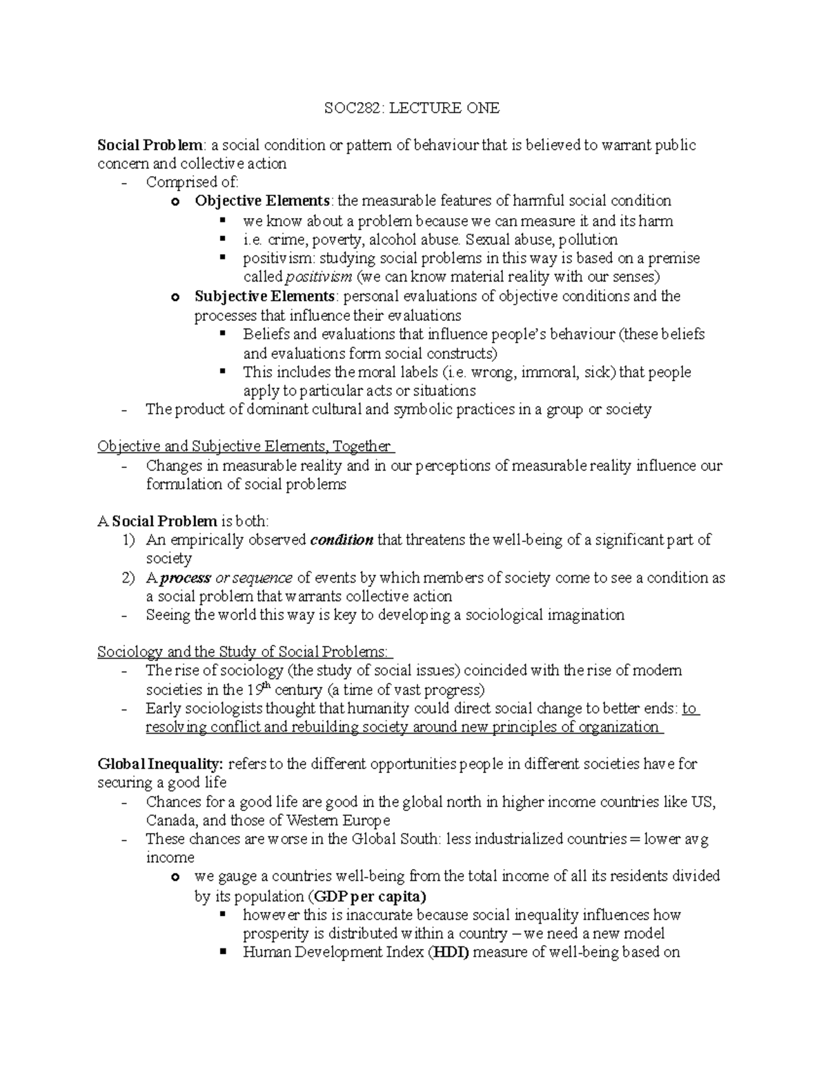 SOC282-W1 - Week 1 Notes - SOC282: LECTURE ONE Social Problem: A Social ...