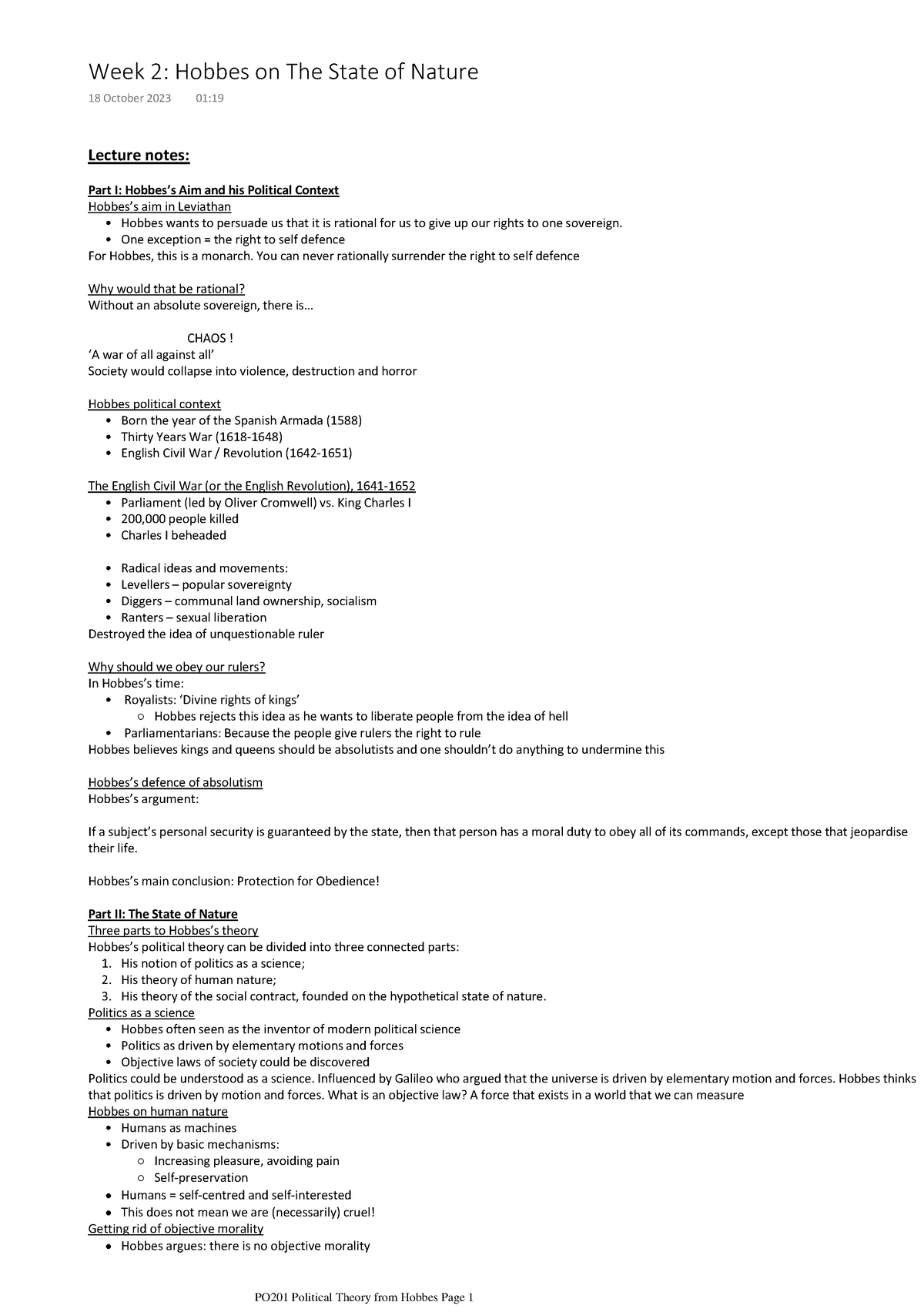 Week 2 Hobbes On The State Of Nature - Lecture Notes: Part I: Hobbes’s 