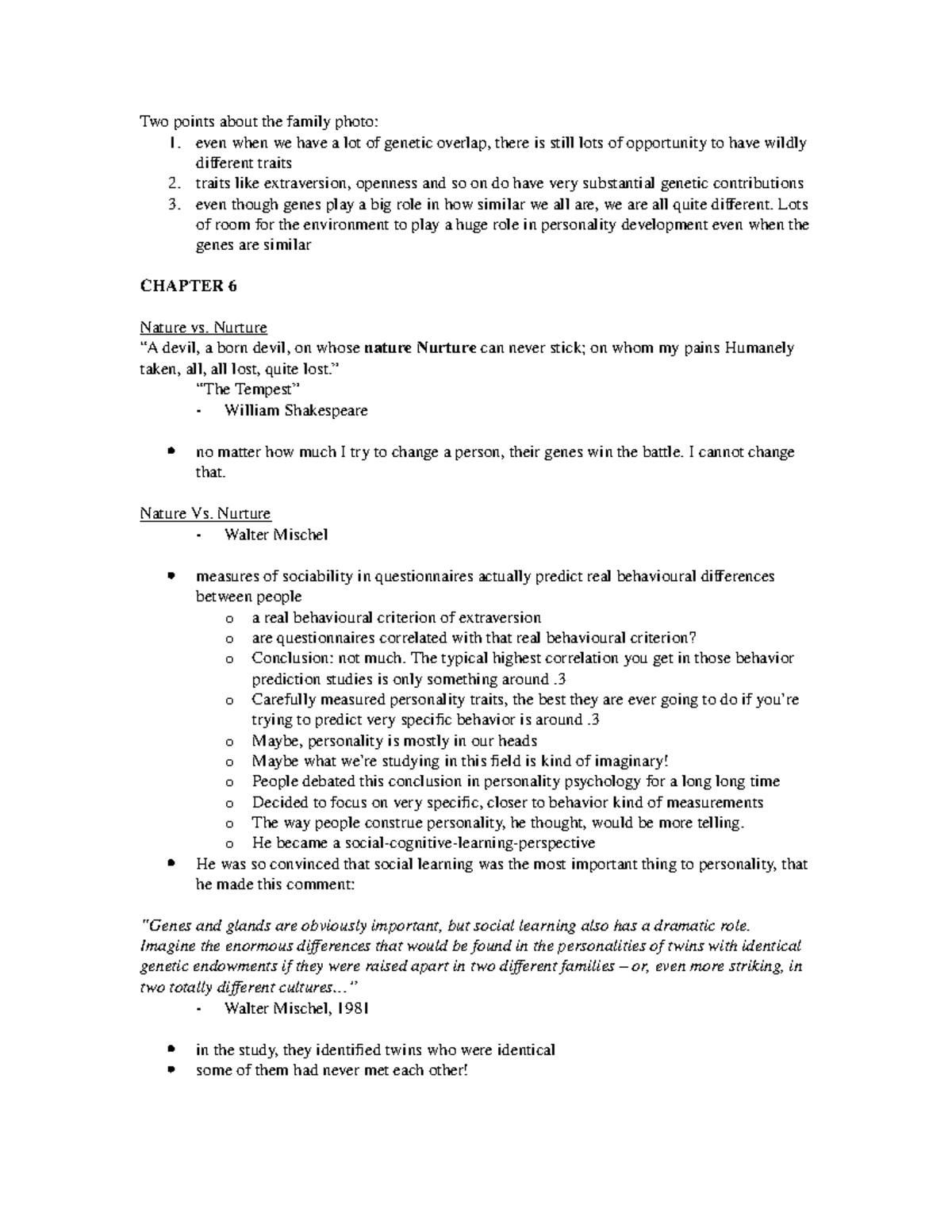 Chapter 6 summary personality - Two points about the family photo: 1 ...