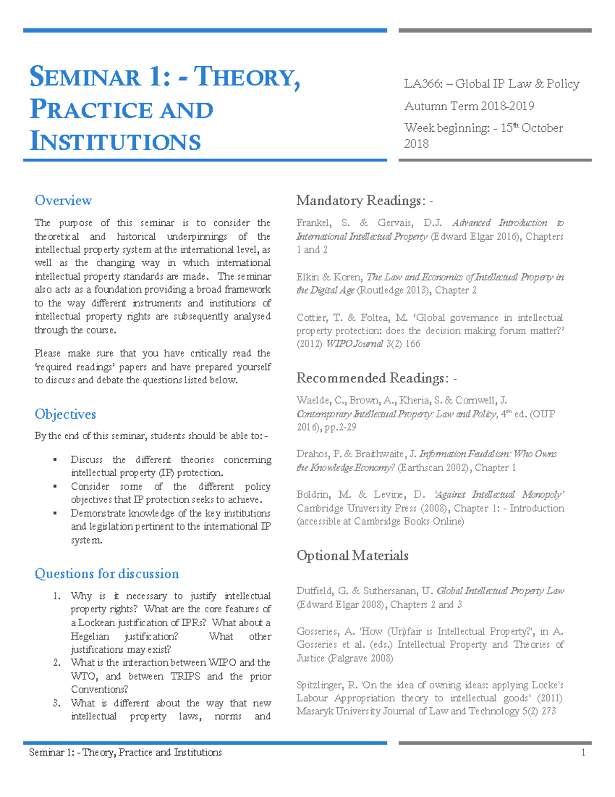 Global IP Seminar 1sf - Seminar 1: - Theory, Practice and Institutions ...