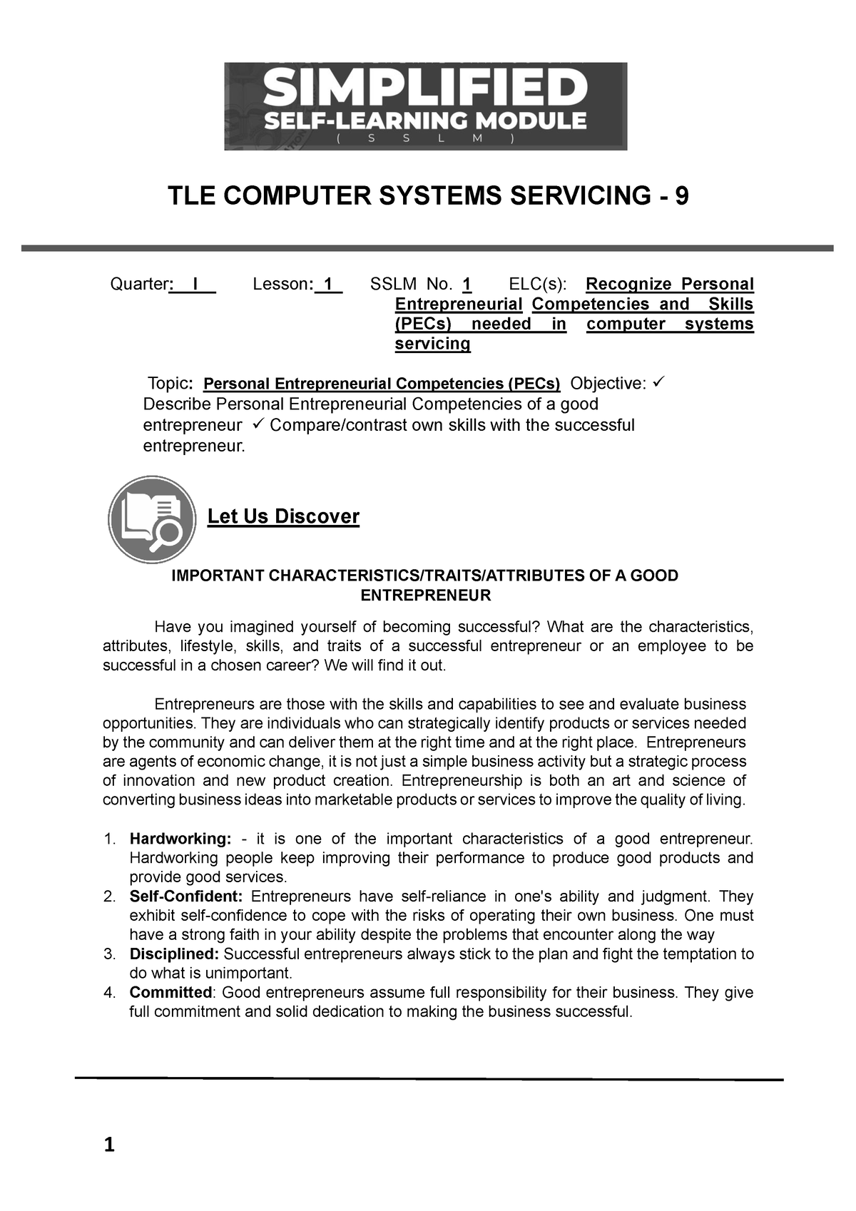 Q1 - Lesson 1 - ICT - TLE COMPUTER SYSTEMS SERVICING - 9 Quarter: I ...