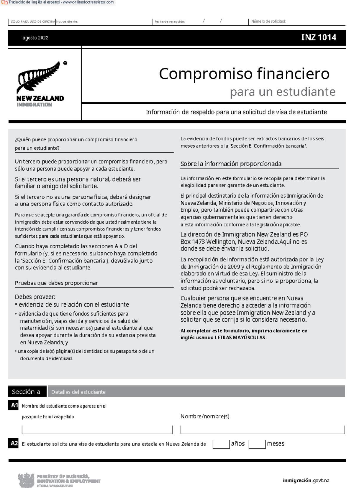INZ1014 Financial Undertaking for a Student - SOLO PARA USO DE OFICINA ...