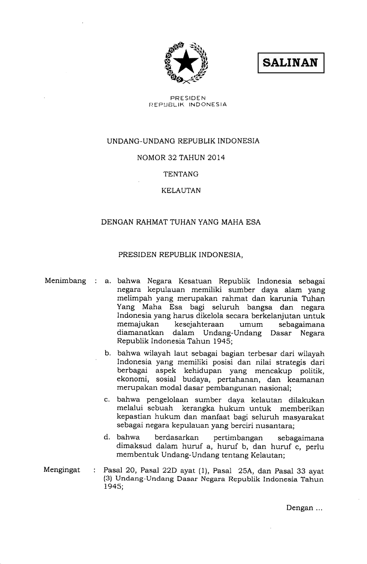 UU Nomor 32 Tahun 2014 - Undang Undang Tentang - PRESIDEN Fl EP I-IBL ...