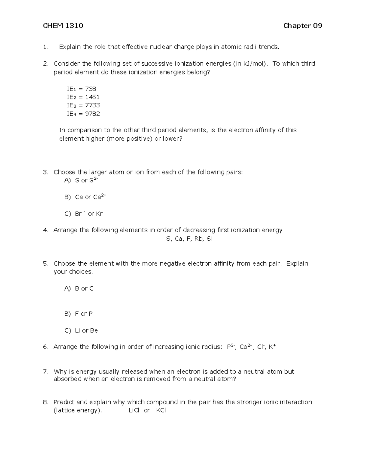 Chapter 09 Recitation Problems - CHEM 1310 Chapter 09 Explain the role ...