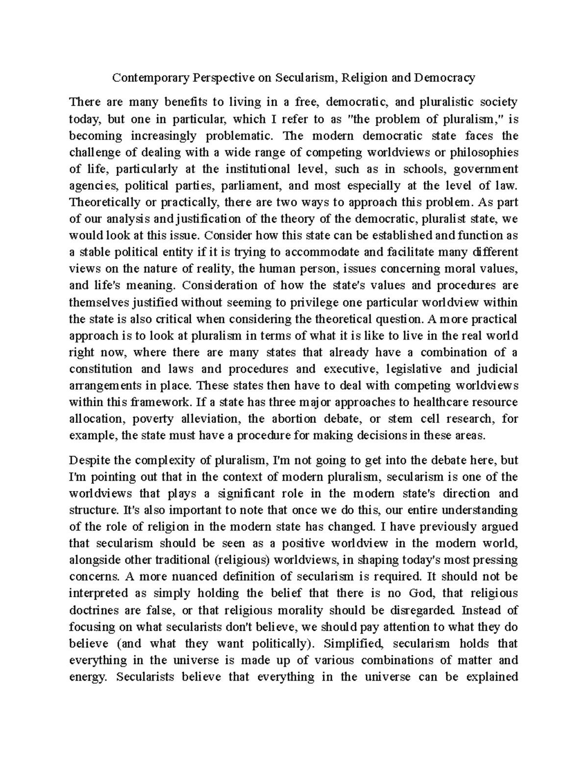 Contemporary Perspective on Secularism - The modern democratic state ...