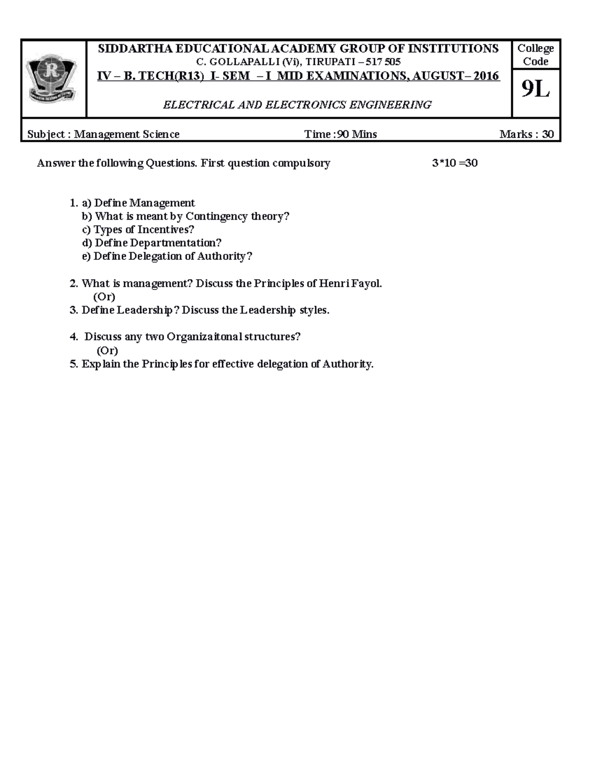 1st mid quesiton and bit paper - SIDDARTHA EDUCATIONAL ACADEMY GROUP OF ...