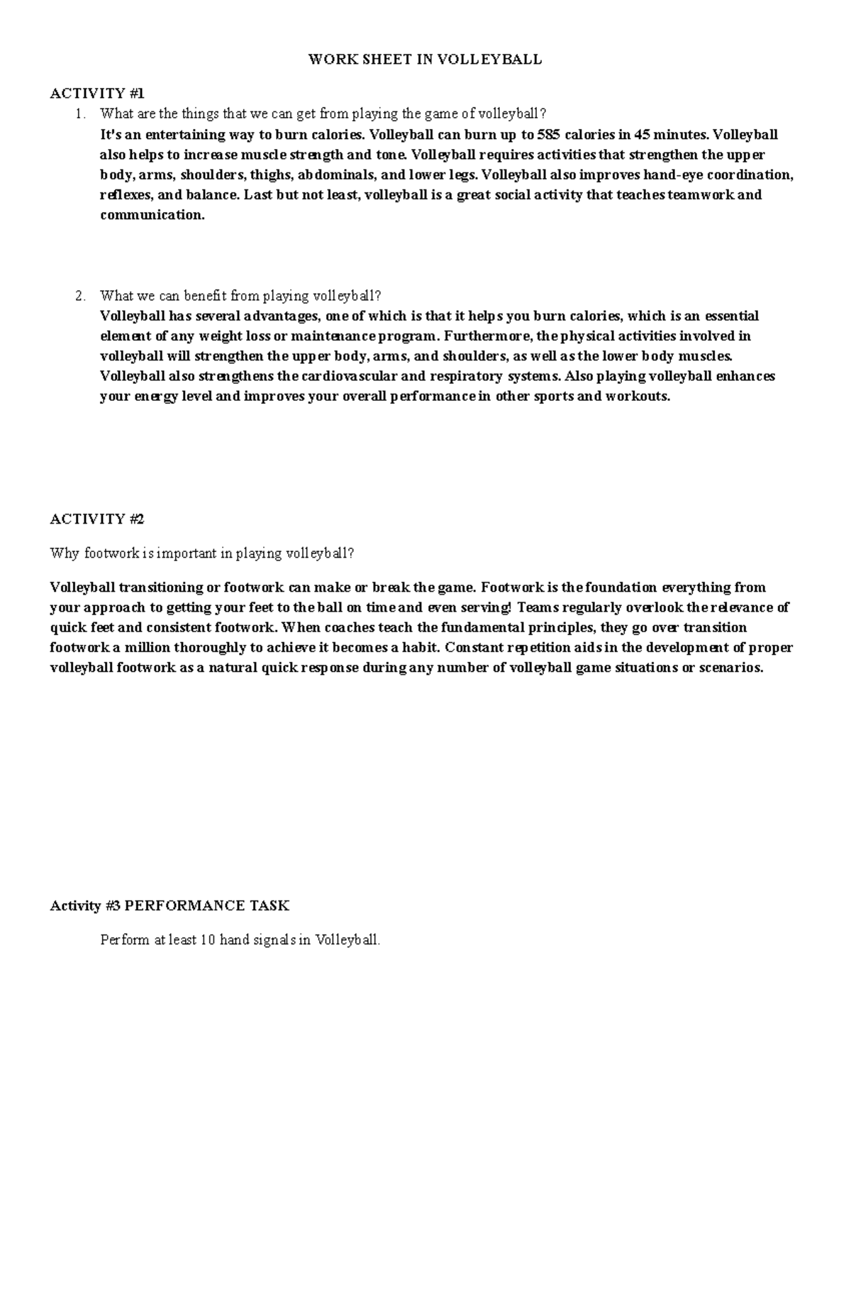 Worksheet- Volleyball - WORK SHEET IN VOLLEYBALL ACTIVITY What are the ...