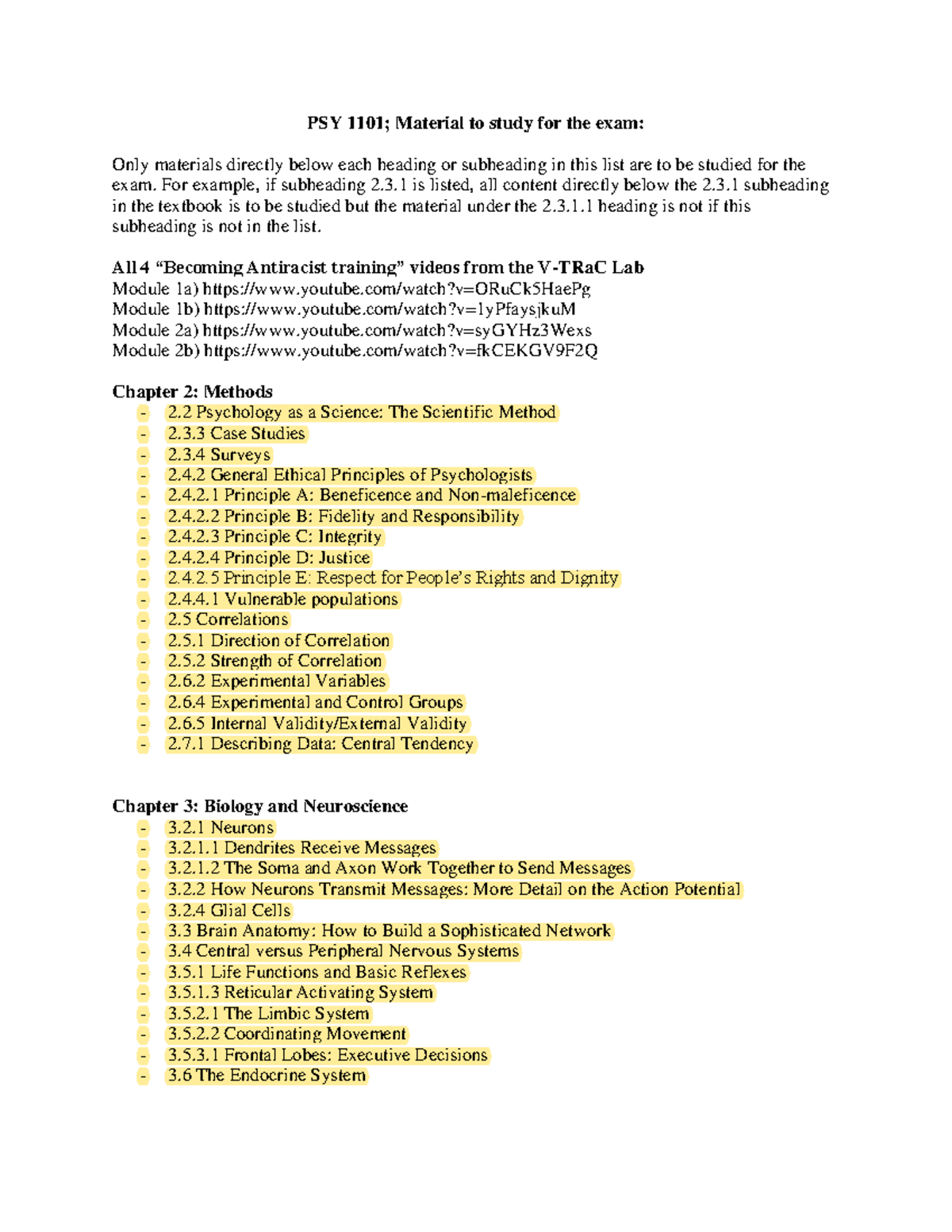 PSY 1101 - Study Guide - PSY 1101; Material To Study For The Exam: Only ...