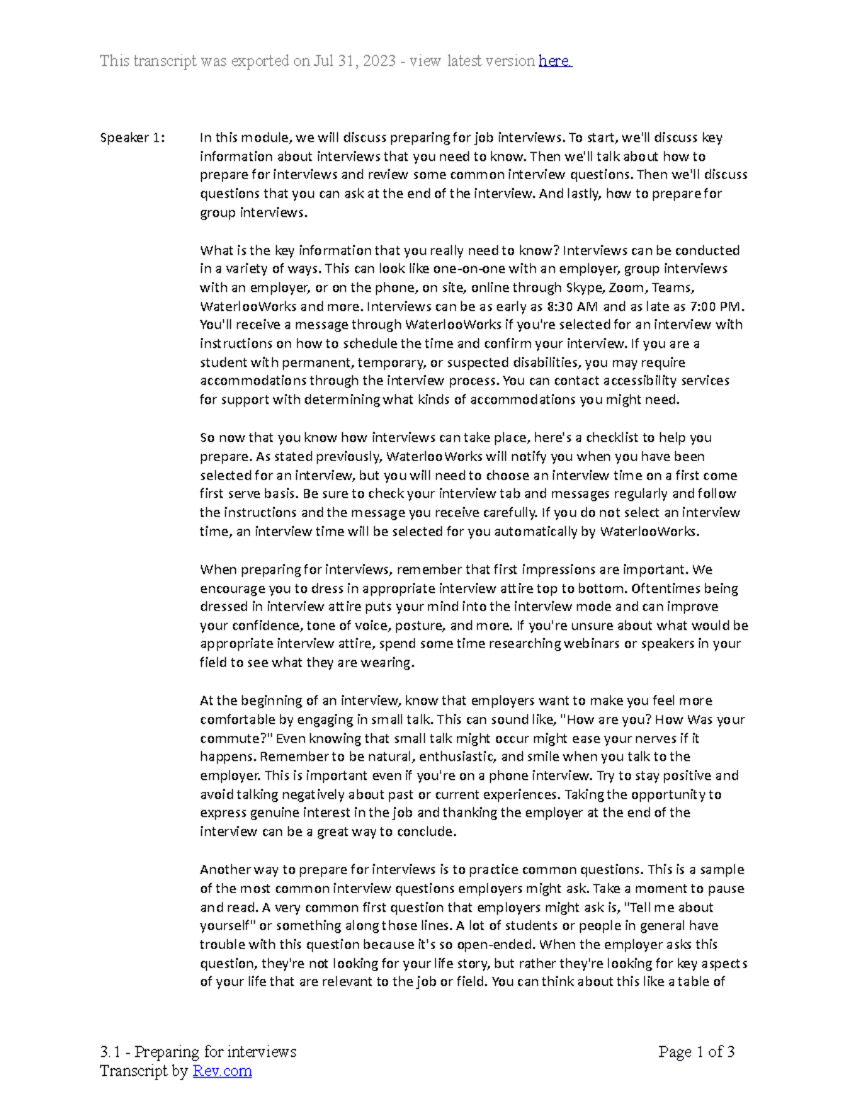 3.1 - Preparing for interviews - This transcript was exported on Jul 31 ...