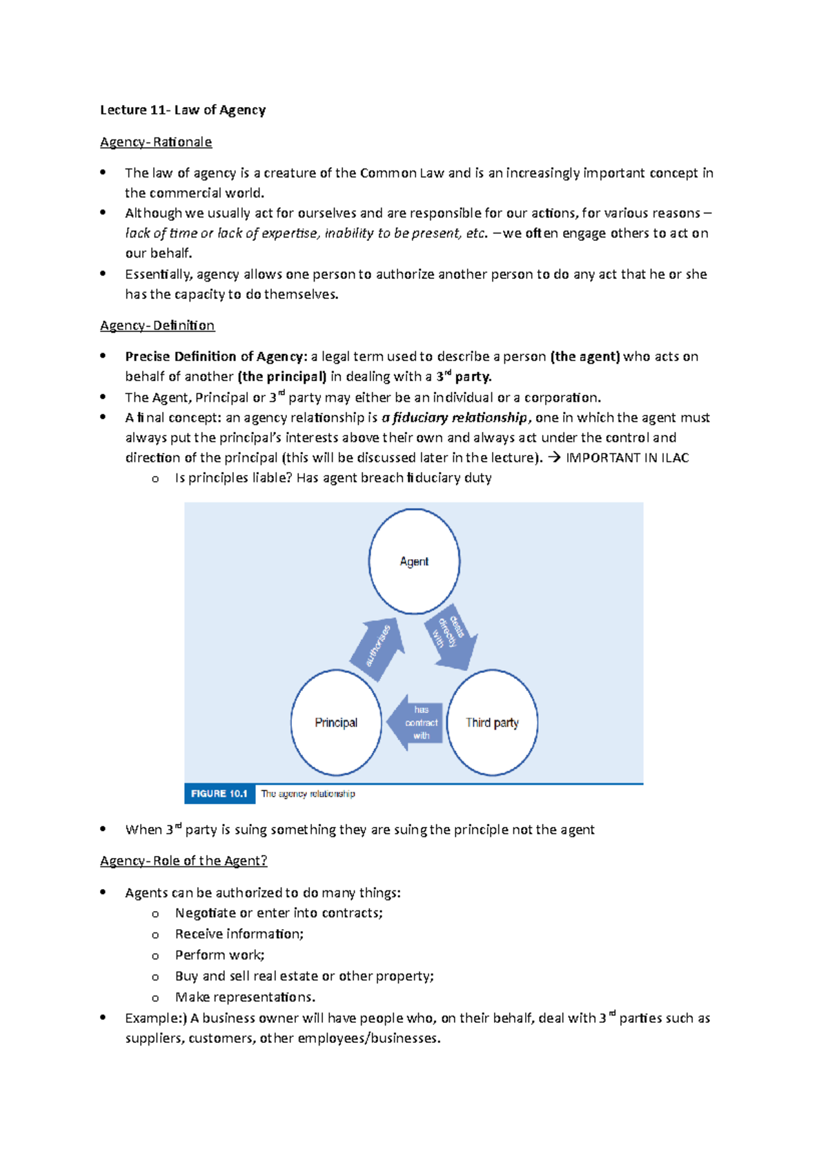 Lecture notes reworded from the slides - Lecture 11- Law of Agency ...