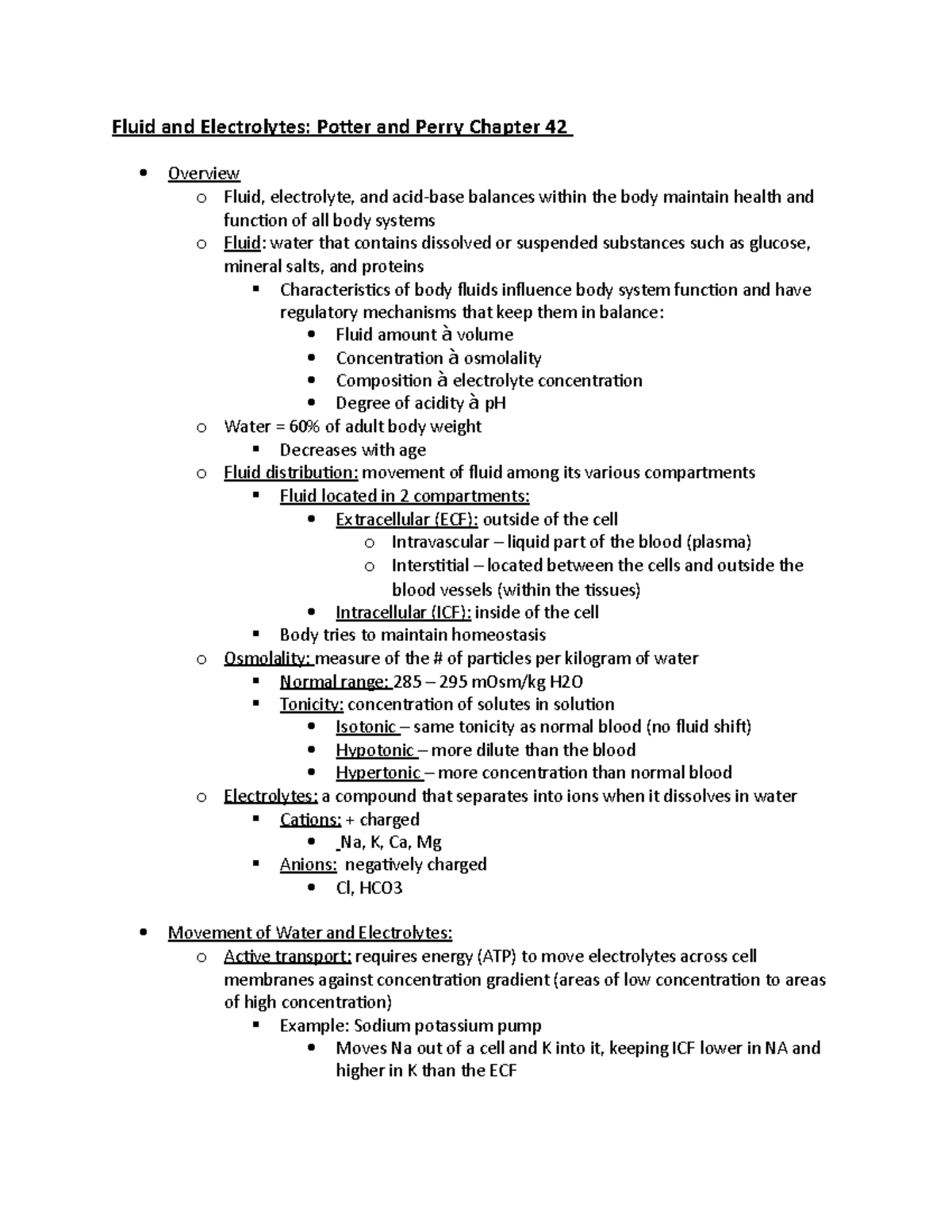 Fluid and Electrolytes Notes 1 (completed) - Fluid and Electrolytes ...