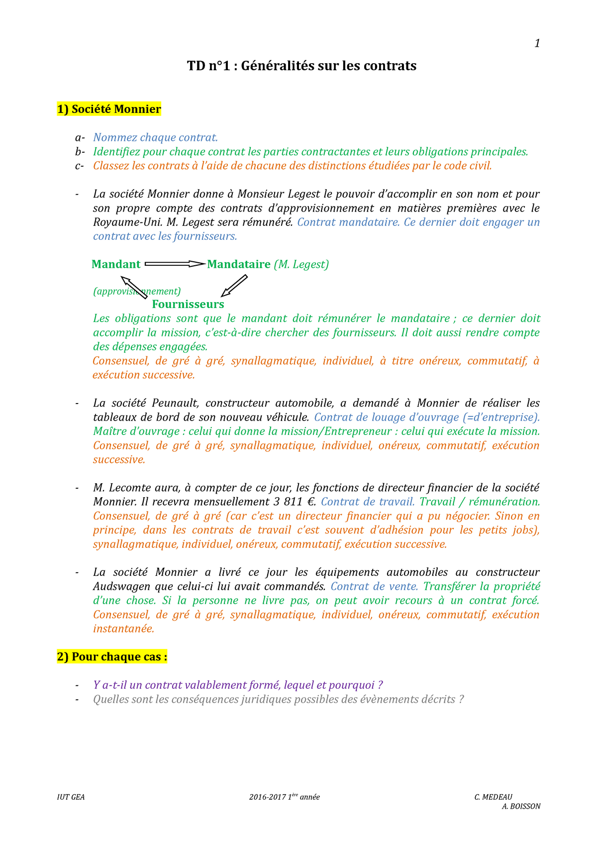 TD1 Generalites - TD N°1 : Généralités Sur Les Contrats Société Monnier ...