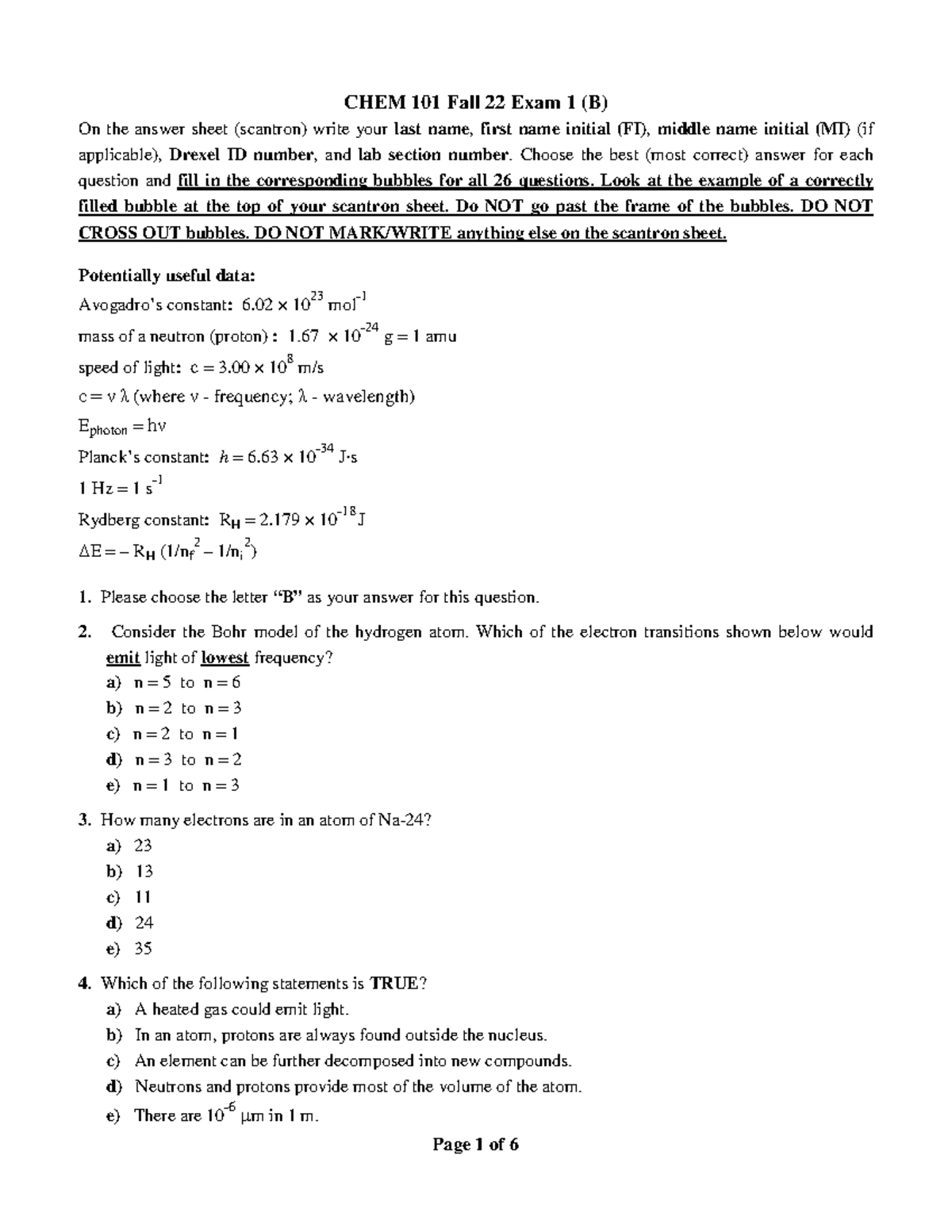 Exam I 101 F22B W. Answers Key - CHEM 101 Fall 22 Exam 1 (B) On The ...