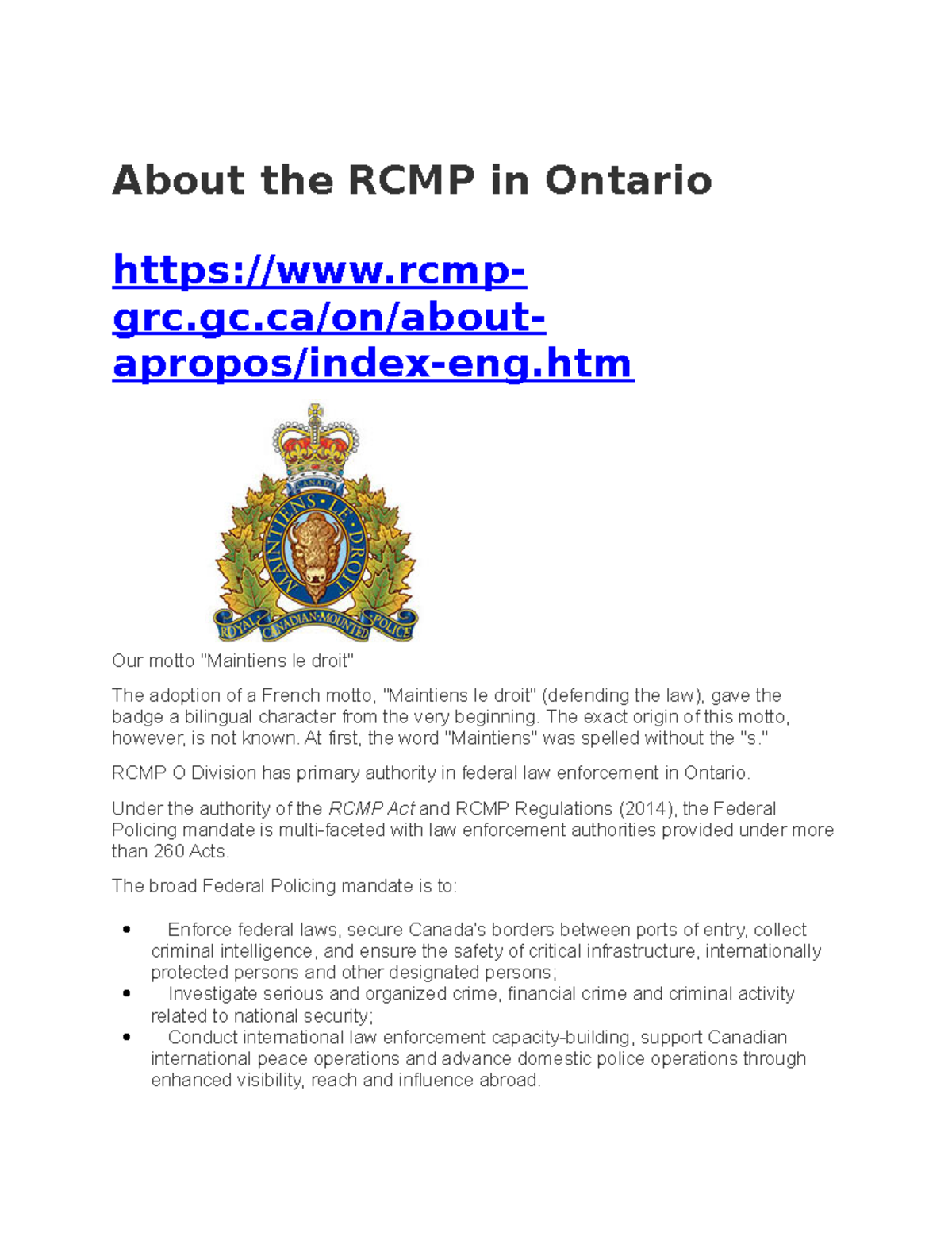 About The RCMP In Ontario And Federal Policing Services - About The ...