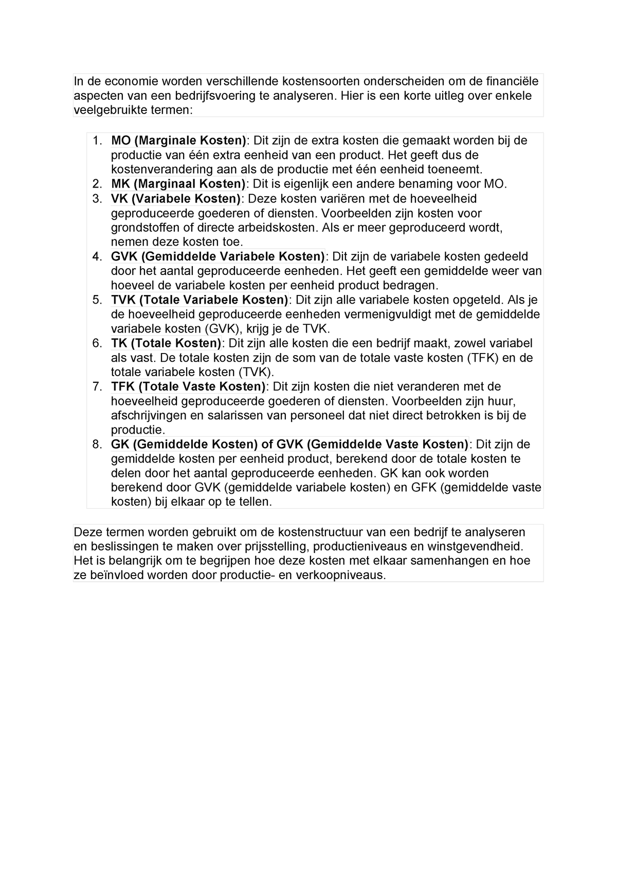 Kostenanalyse Eco 5 - Uitleg Over Soorten Kosten En Opbrengsten - In De ...