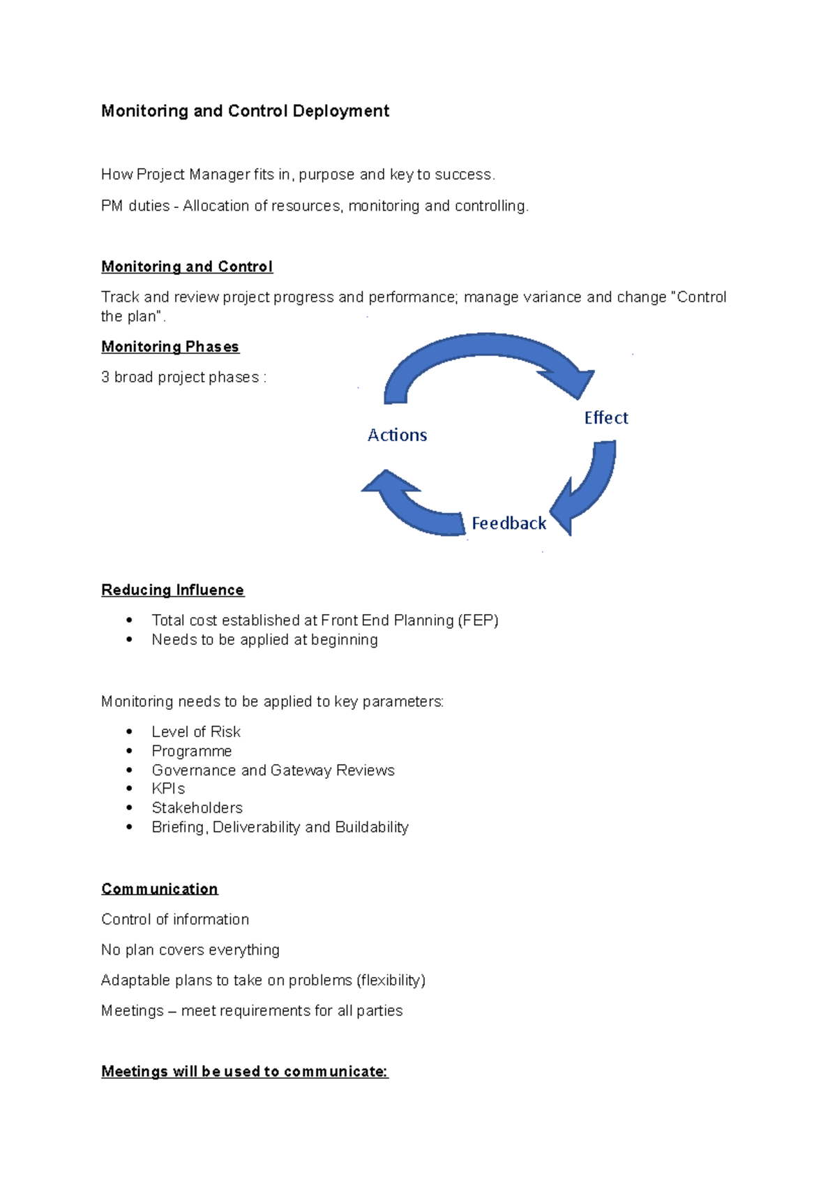 Monitoring and Control Deployment PM duties Allocation of resources