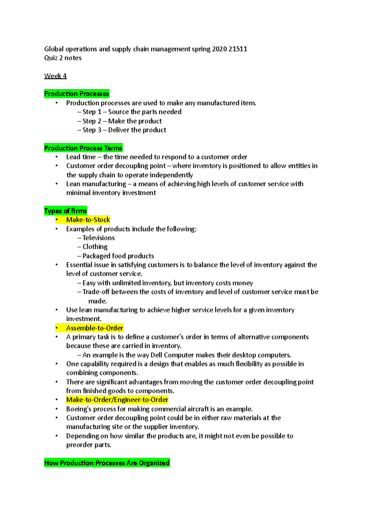 Global operations and supply chain management spring 2020 21511 Quiz 2 ...