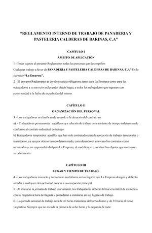 Reglamento Interno DE Trabajo DE Panaderia Y Pasteleria Calderas DE Barinas  - “REGLAMENTO INTERNO DE - Studocu