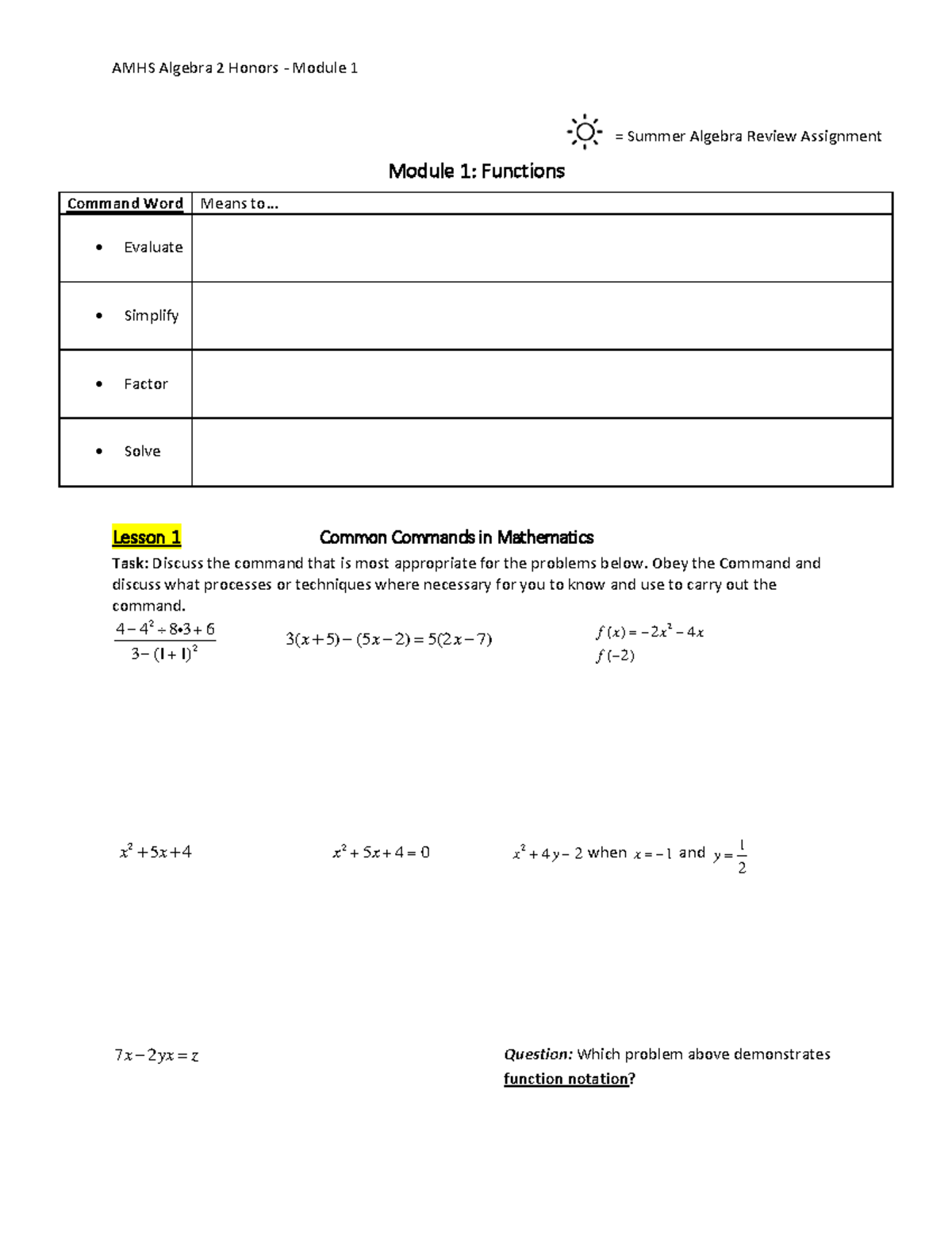 22-23 Notes - Module 1- Functions - Module 1: Functions Lesson 1 Common ...