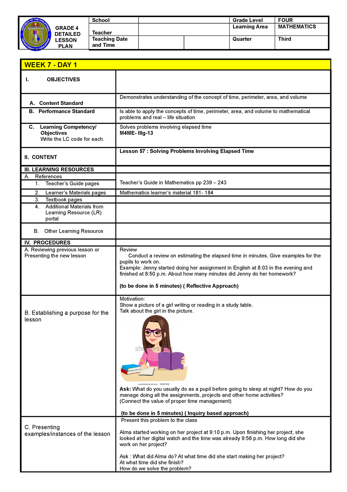 Math 4 Quarter 3 Week 7 Day 1 2 Grade 4 Detailed Lesson Plan School Grade Level Four Teacher