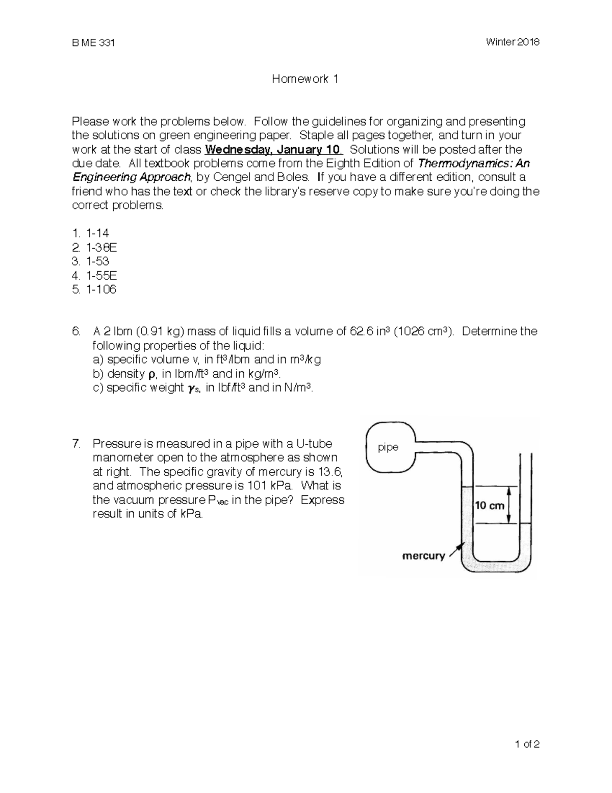 Homework 1 - B ME 331 Winter 2018 Homework 1 Please Work The Problems ...