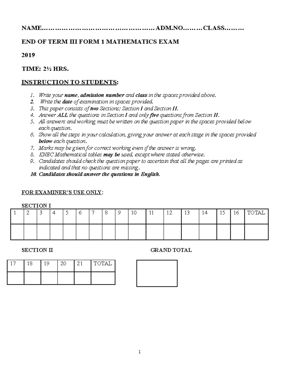 Mathematics FORM 1 END OF TERM 3 QP 2019 - - Studocu