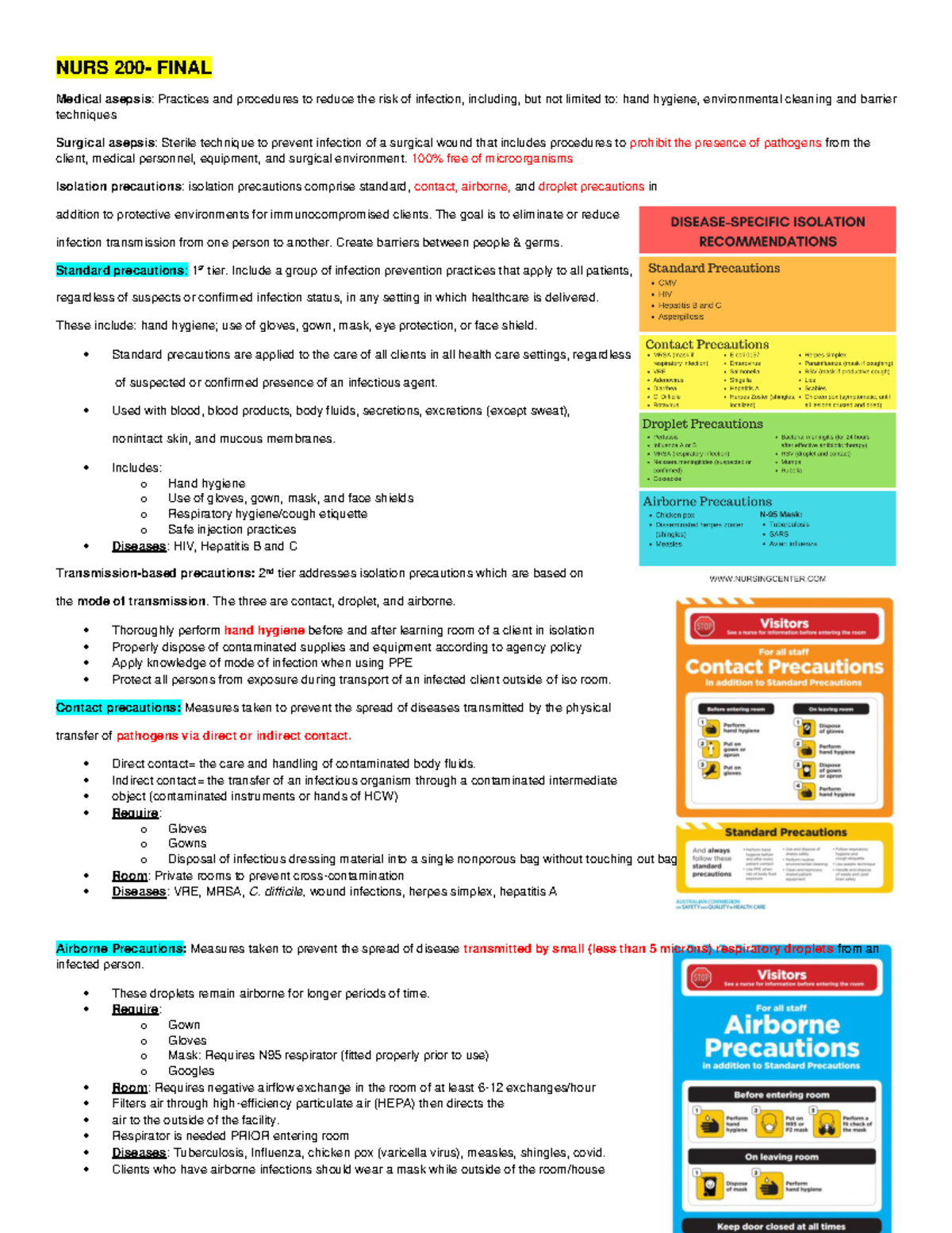 TEST- Final Study Guide - NURS 200- FINAL Medical asepsis: Practices ...