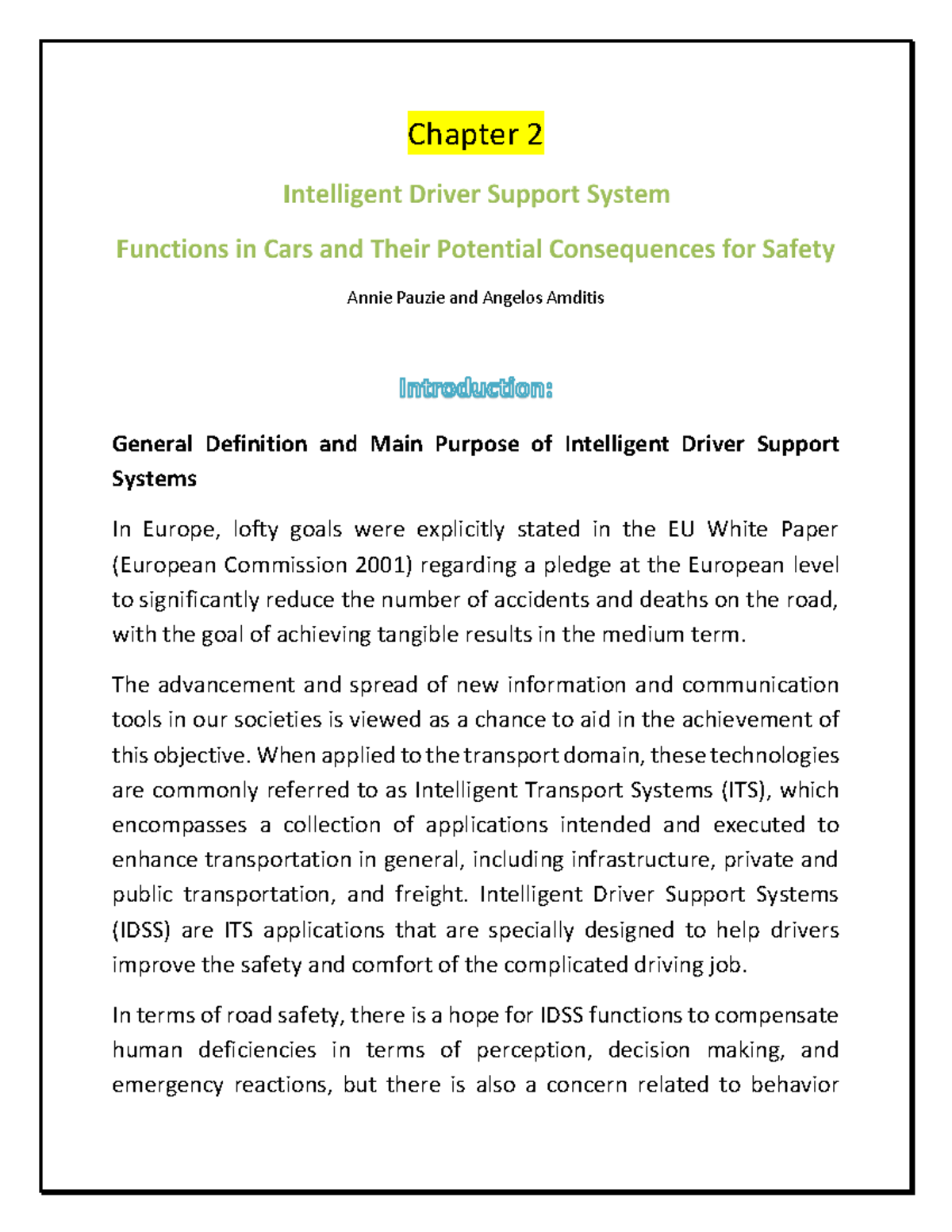 General Definition and Main Purpose of Intelligent Driver Support ...