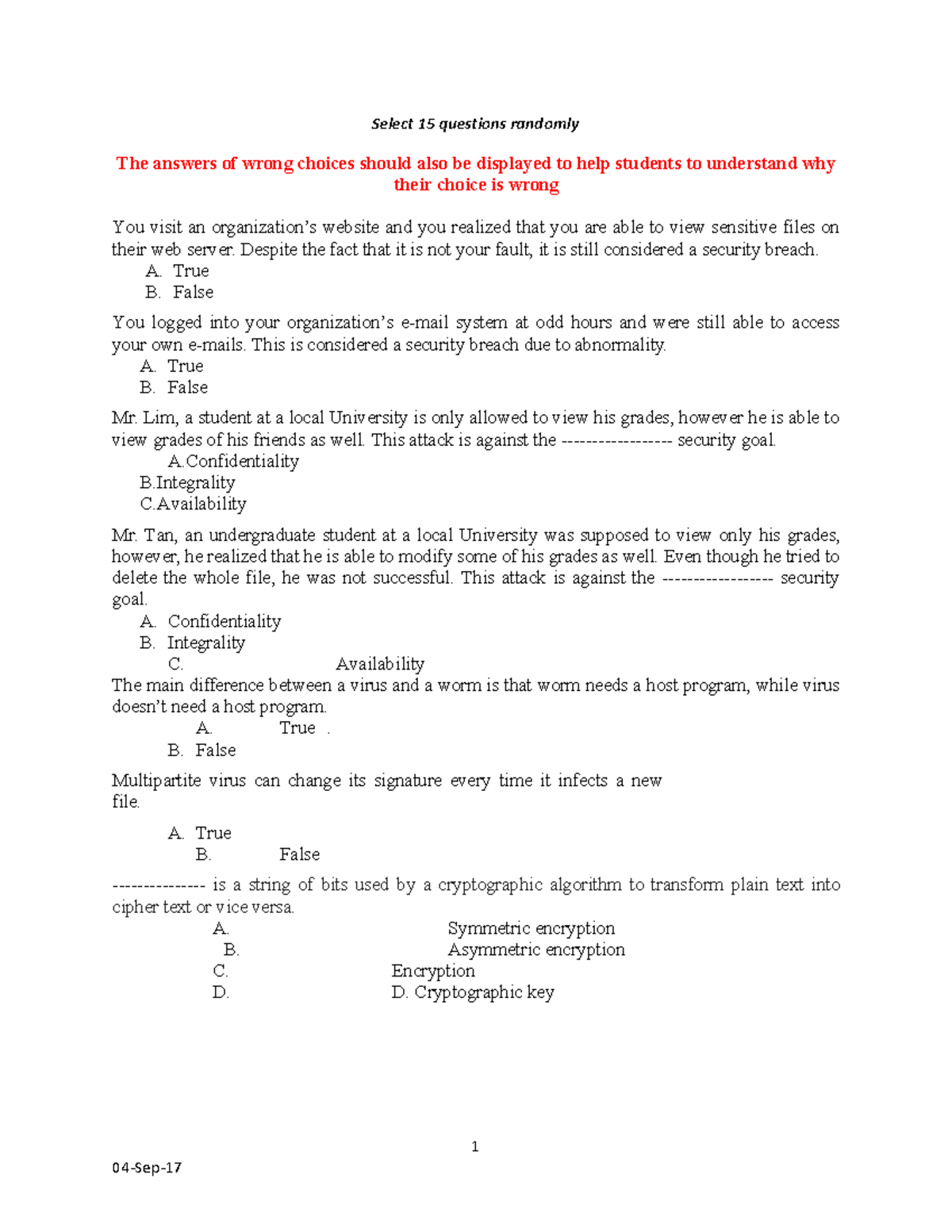 Practice Quiz 1 2018 - quiz example - 1 04-Sep- Select 15 questions ...