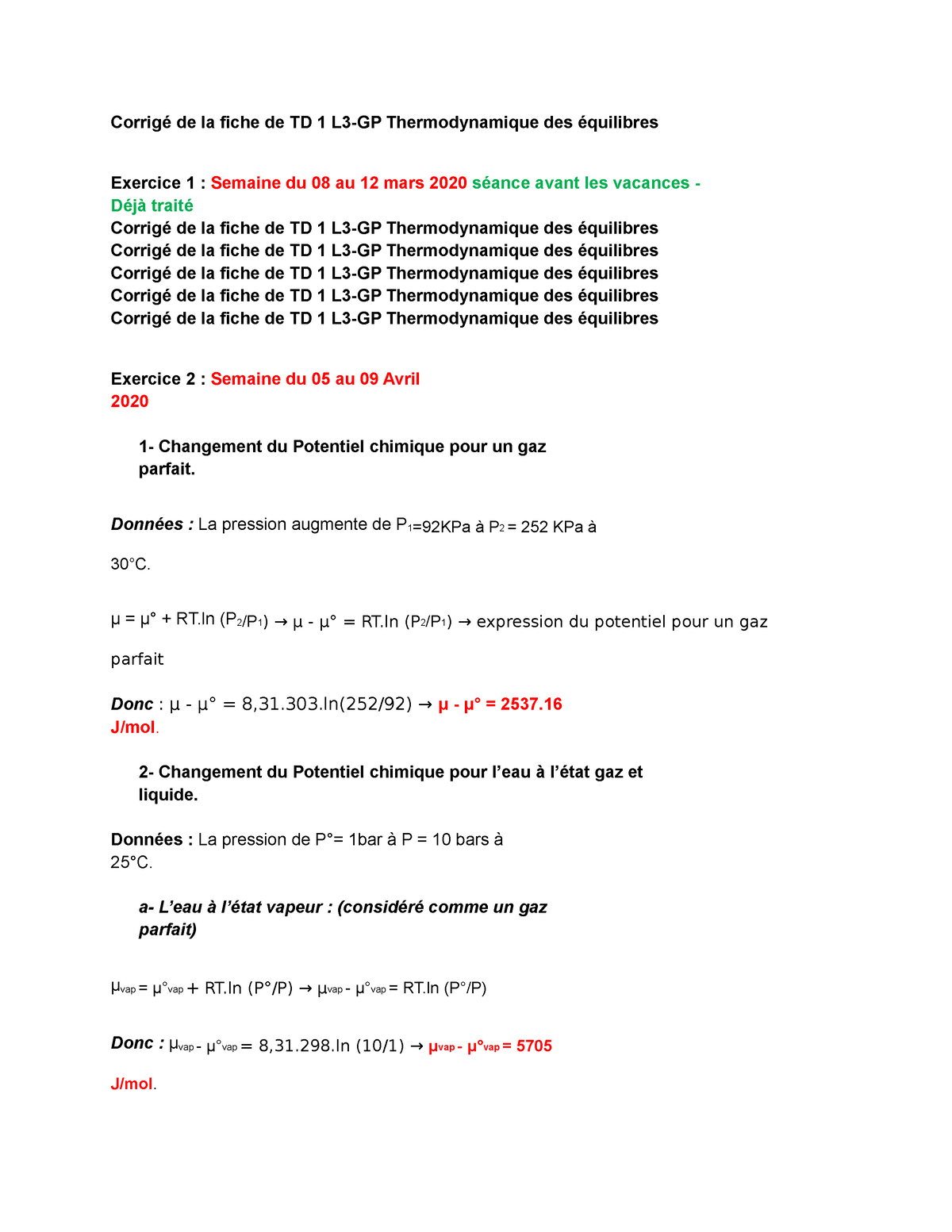 Corrigé De La Fiche TD 1 Thermodynamique Des - Corrigé De La Fiche De ...