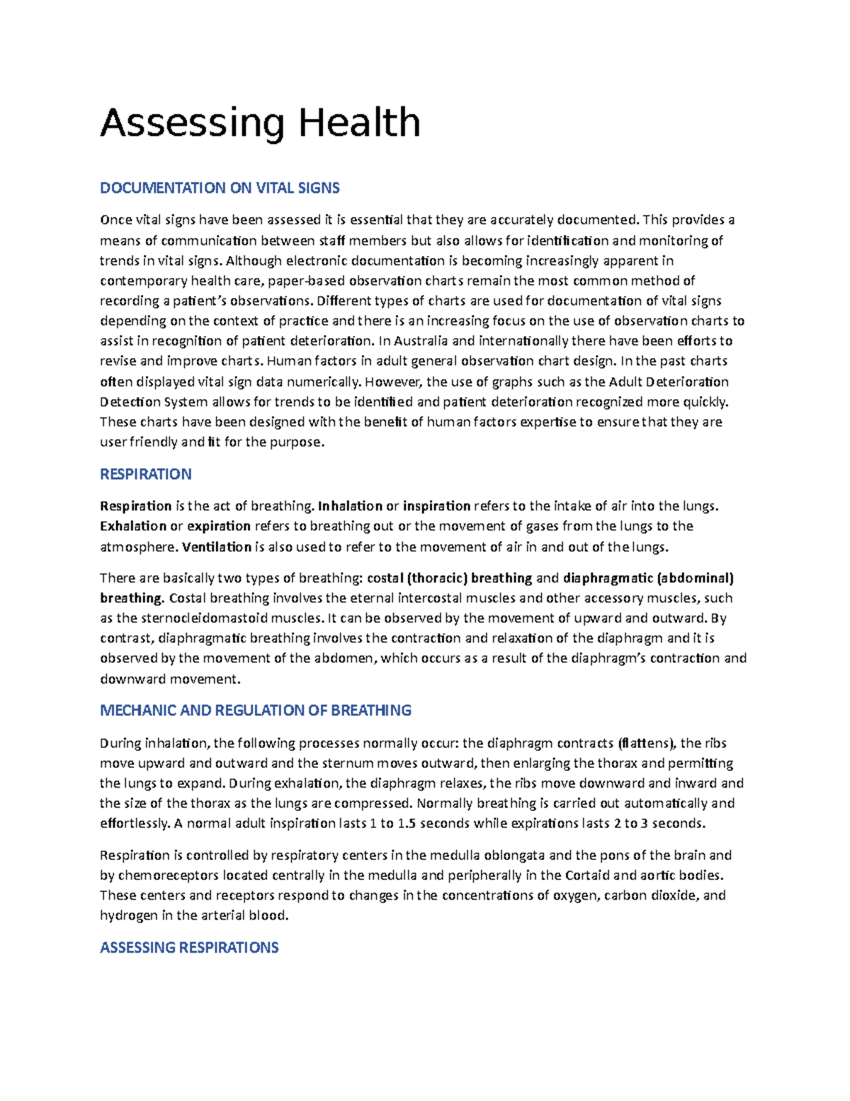 Assessing Health - Assessing Health DOCUMENTATION ON VITAL SIGNS Once ...