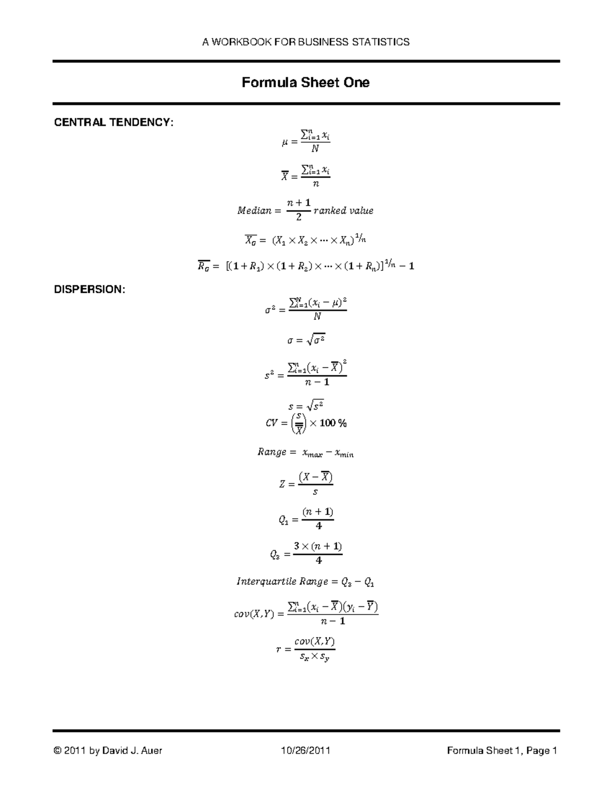 DSCI 205 Combined Formula Sheet 01 - A WORKBOOK FOR BUSINESS STATISTICS ...