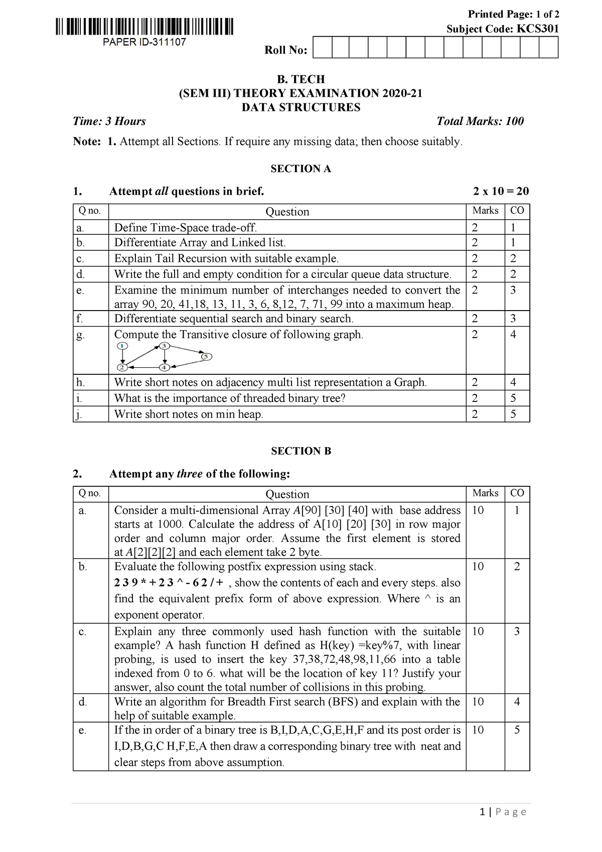 Btech cs 3 sem data structures kcs301 2021 - Printed Page: 1 of 2 ...