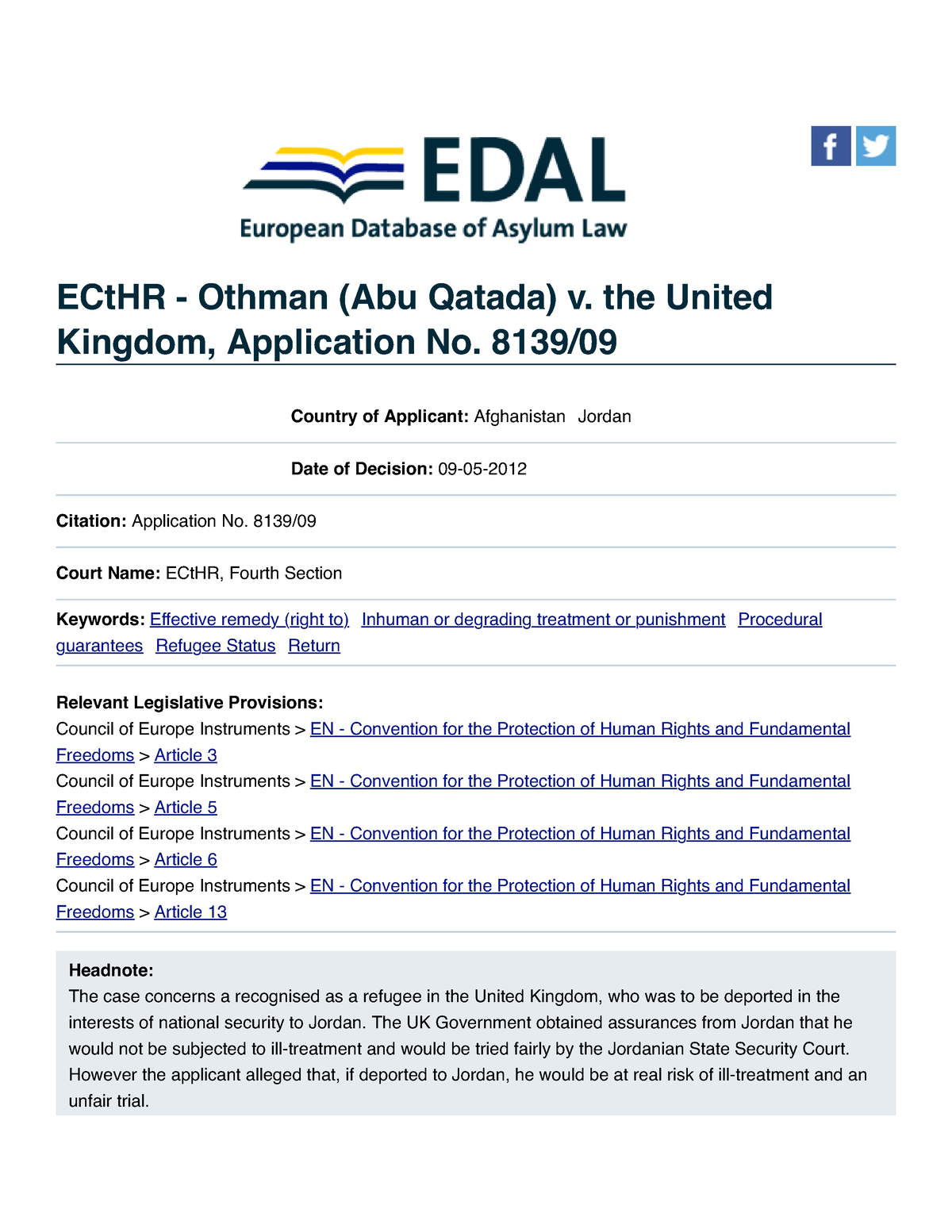 ECt HR - Othman (Abu Qatada) V. The United Kingdom, Application No ...