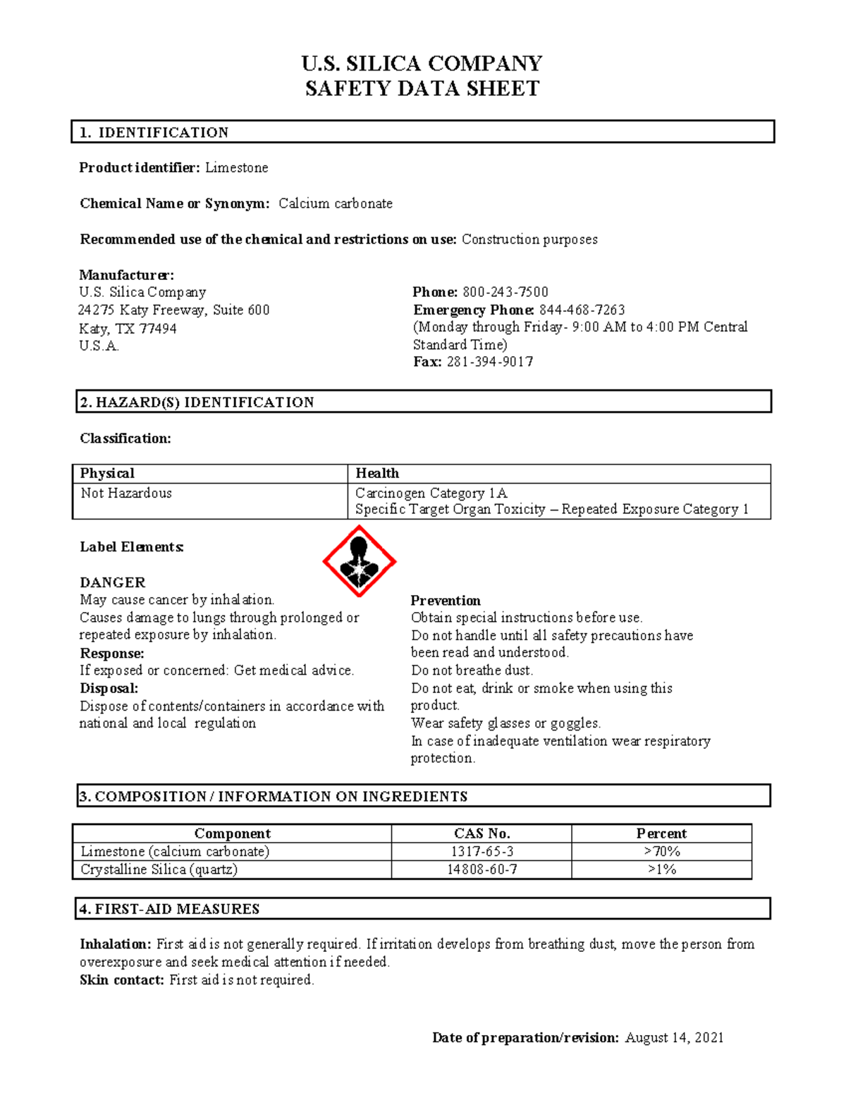 Limestone OSHA GHS SDS AUG2021 - SAFETY DATA SHEET Product identifier ...