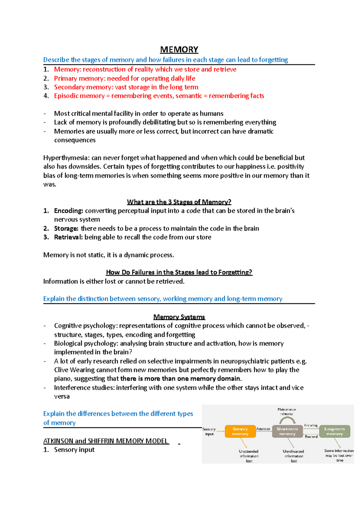 L5 Memory - Lecture notes 5 - MEMORY Describe the stages of memory and ...