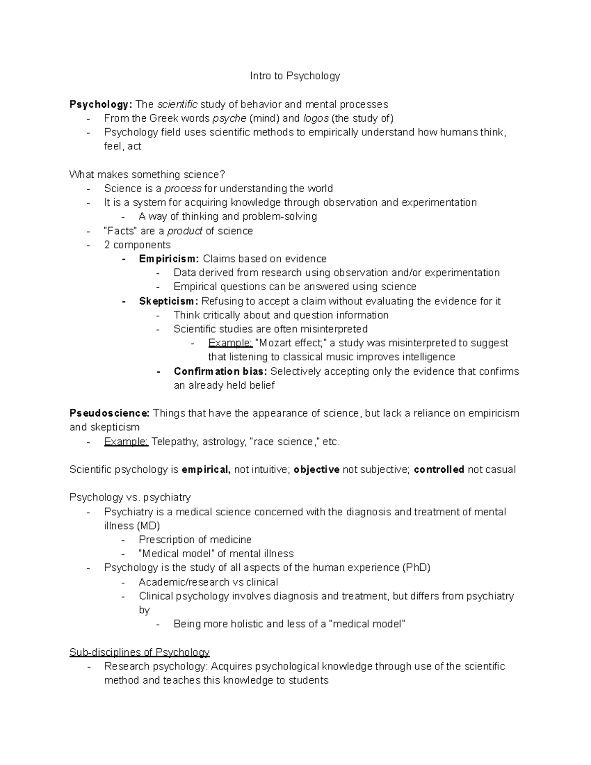 PSY 2301 Intro Notes - Intro To Psychology Psychology: The Scientific ...