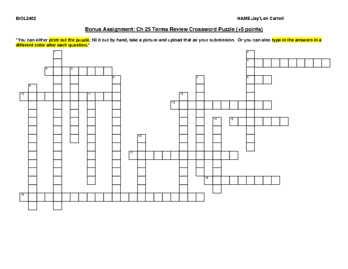 BA4Ch 25 Review Crossword Puzzle copy BIOL2402 NAMEJay’Lon Carroll Bonus Assignment Ch 25