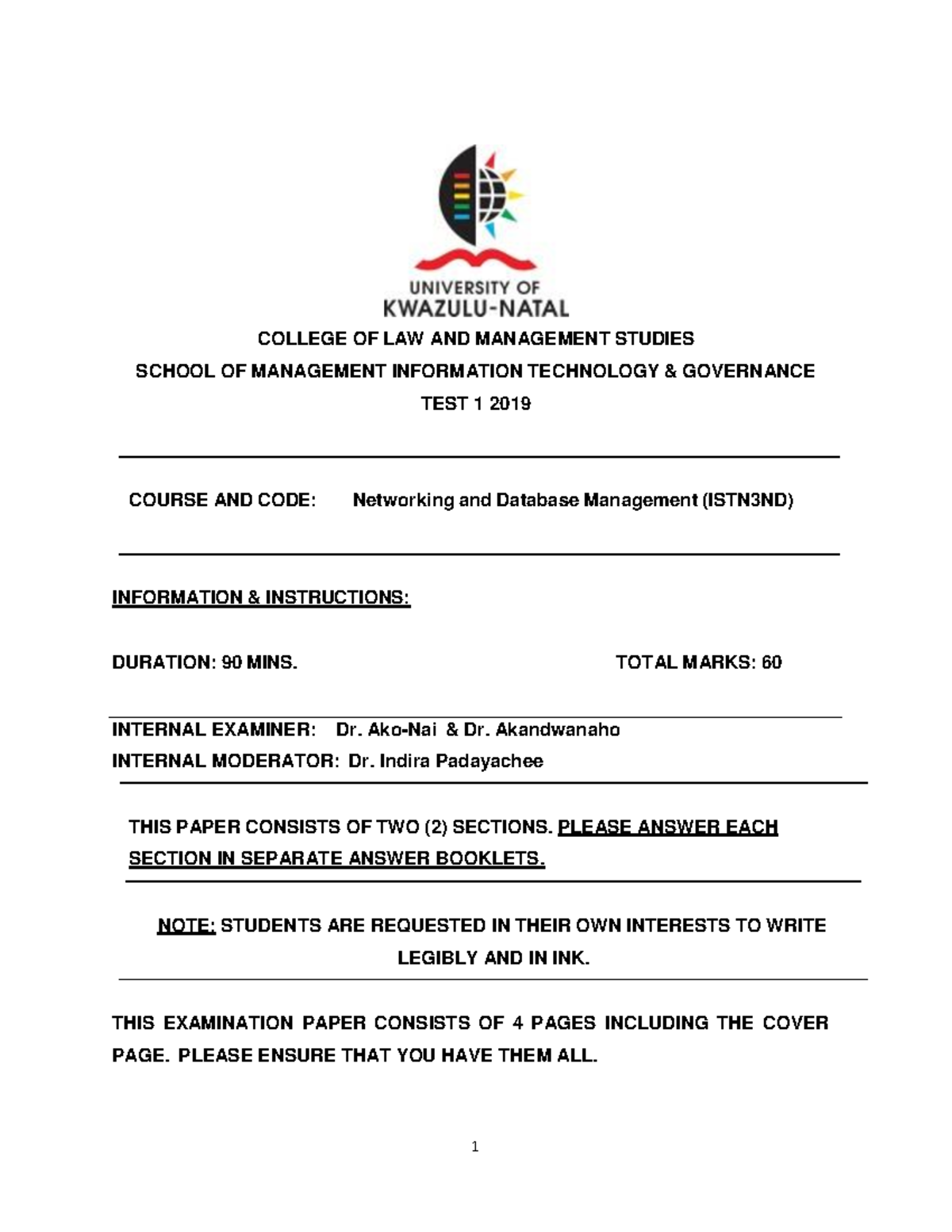 2019 test 1 not applicable college of law and management studies