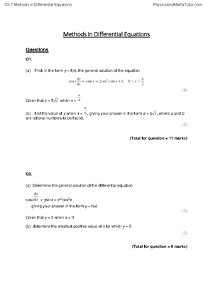 Differential equations notes - Topic 2: Differential Equations: Summary ...