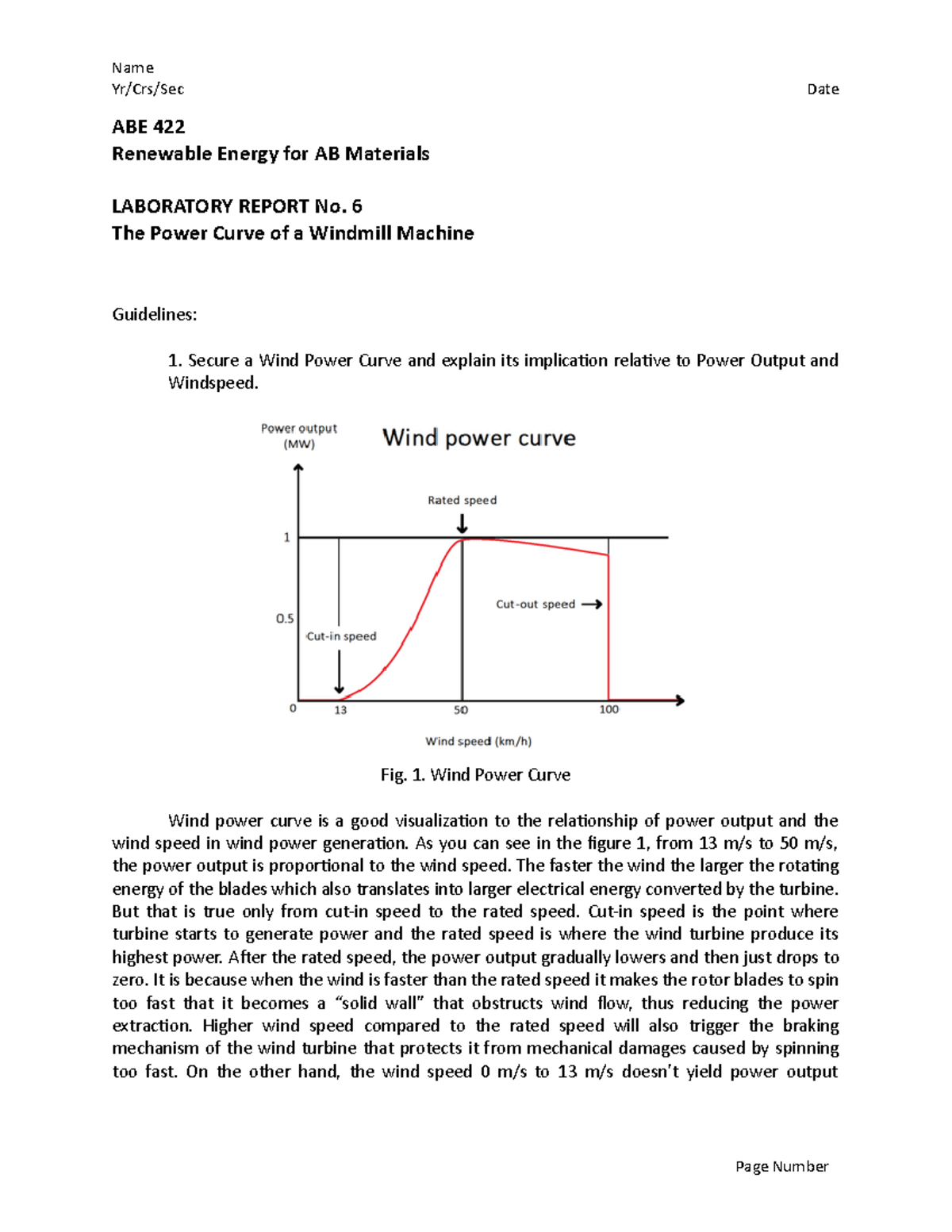 Lab Exe No. 6 The Power Curve Of A Windmill Machine - Name Yr/Crs/Sec ...