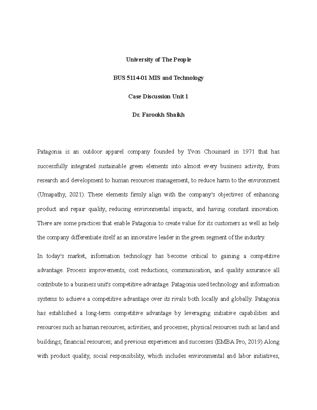 CASE Discussion UNIT 1 BUS 5114 - University Of The People BUS 5114-01 ...