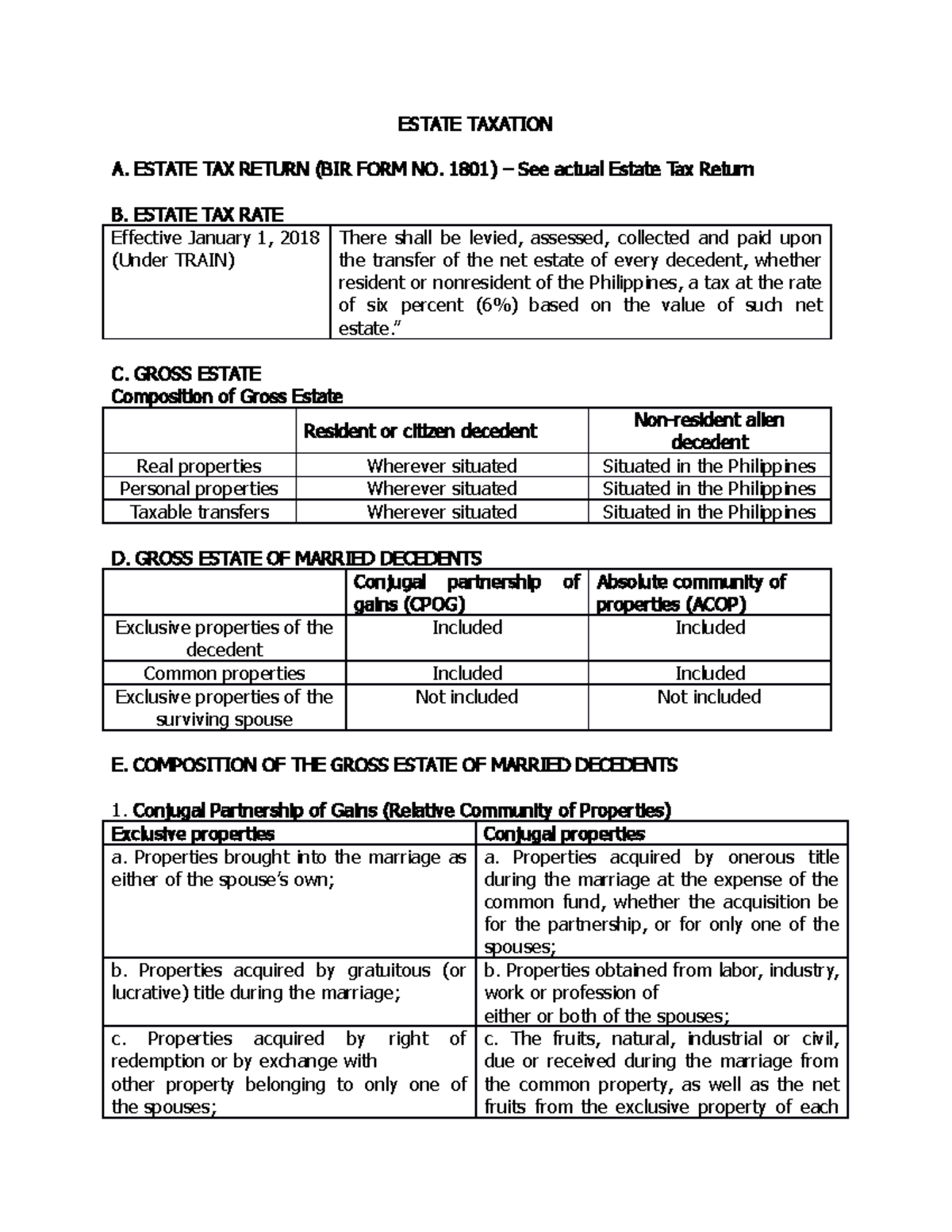 Estate TAX ESTATE TAXATION A. ESTATE TAX RETURN (BIR FORM NO. 1801