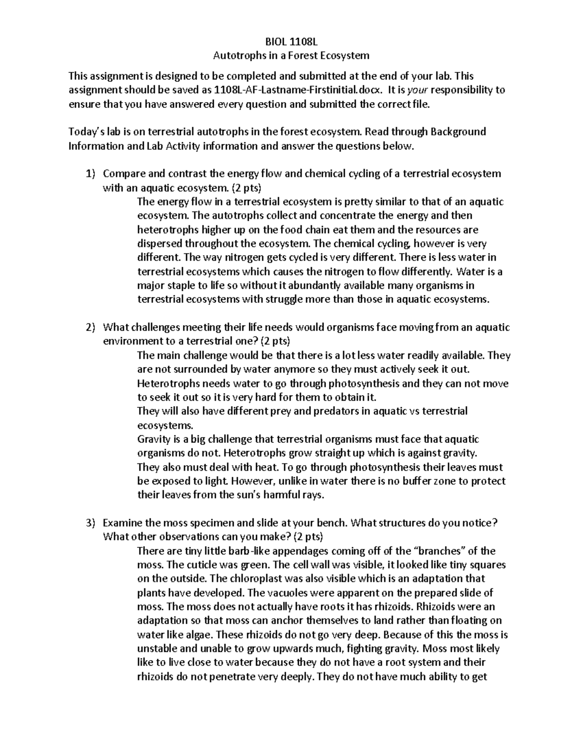 Heterotrophs in a Forest Ecosystem - BIOL 1108L Autotrophs in a Forest ...