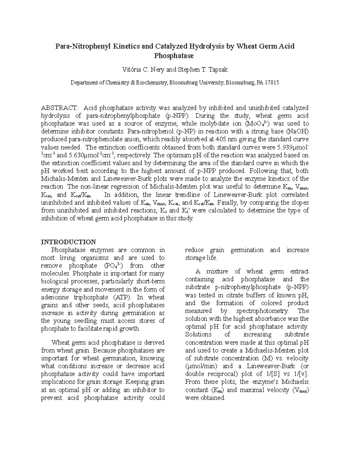 Final Kinetics Lab Report Para Nitrophenyl Kinetics And Catalyzed Final Kinetics Lab Report Para Nitrophenyl Kinetics And Catalyzed