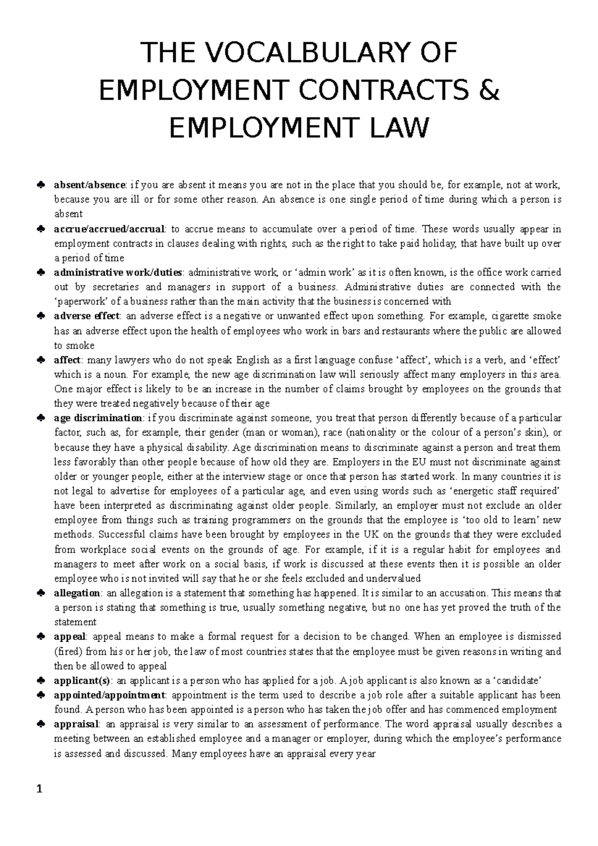 The vocalbulary of employment contracts and employment law THE VOCALBULARY OF EMPLOYMENT