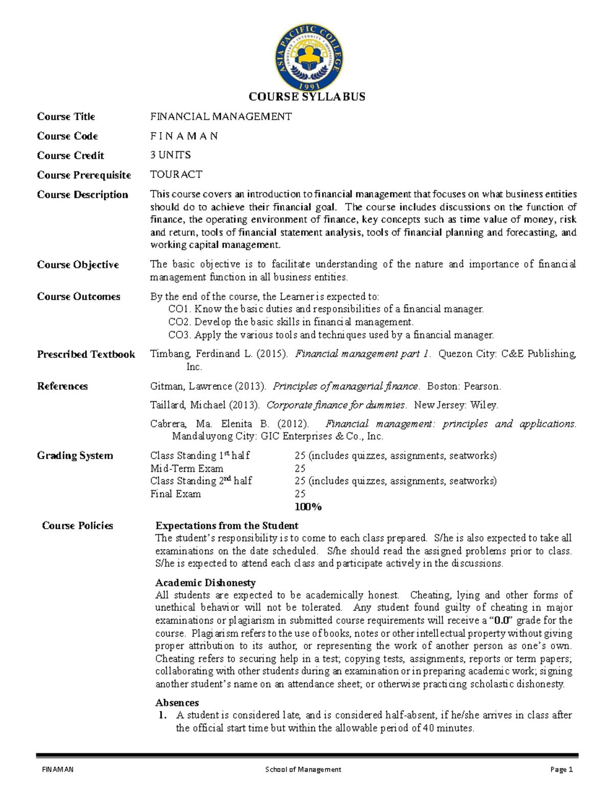 Pdfcoffee - Notes - COURSE SYLLABUS Course Title FINANCIAL MANAGEMENT ...