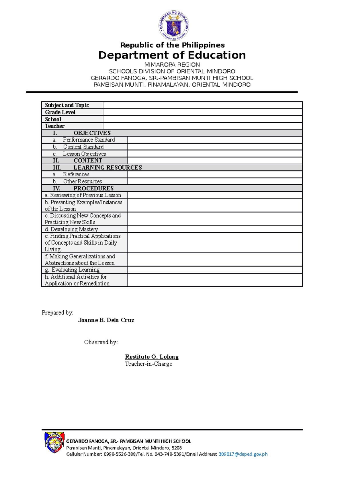 Cot Lp Template Blank Republic Of The Philippines Department Of Education Mimaropa Region 2538