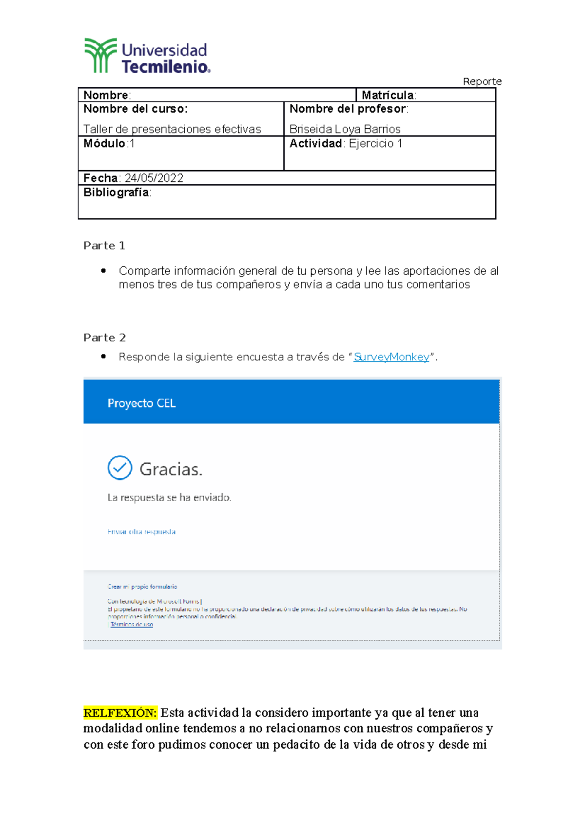 Ejercicio 1- taller de comunicación efectiva - Reporte Nombre ...