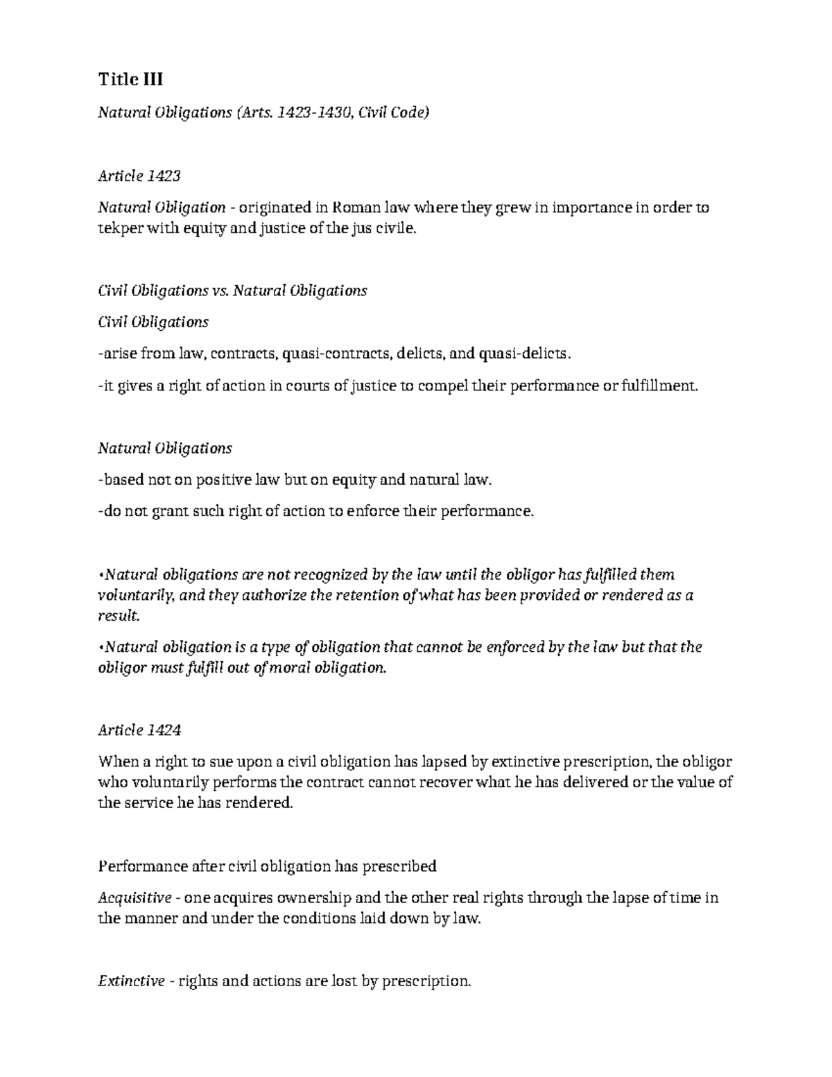 Natural Obligation (Arts. 1423-1426) - Title III Natural Obligations ...